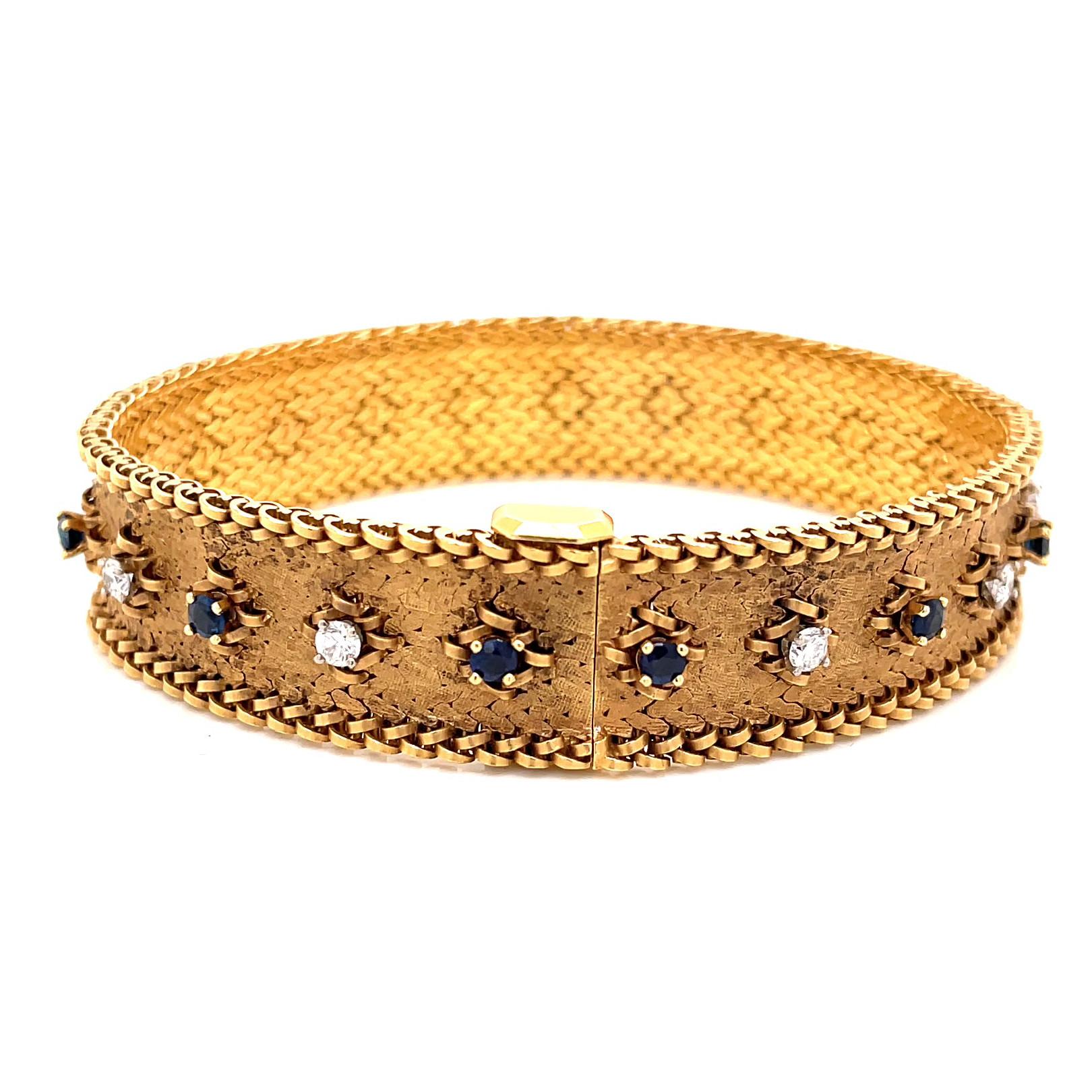 Women's or Men's French George Lenfant Diamond Sapphire 18 Karat Yellow Gold Bracelet