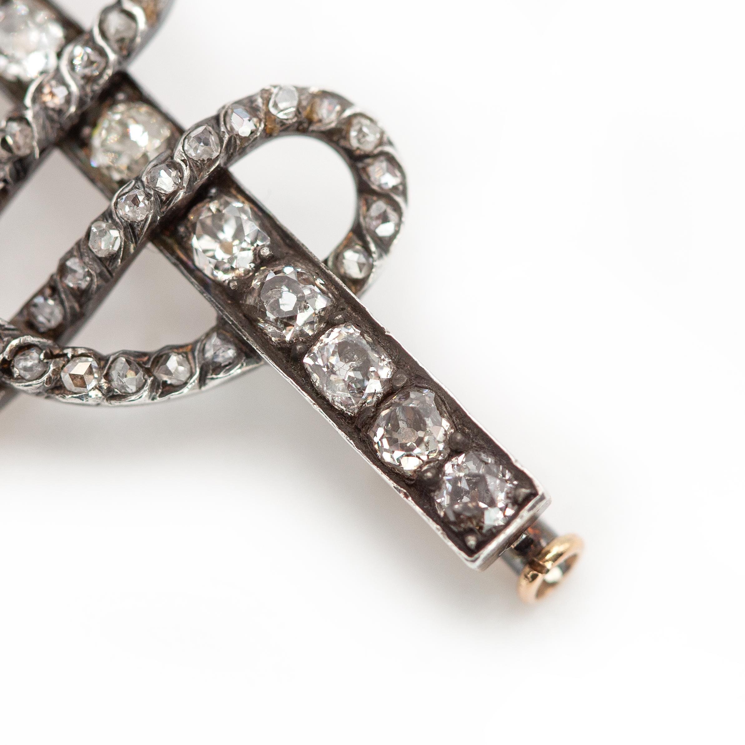 French Georgian 18K Gold & Silver-Topped Diamond Bow Brooch with Briolette Drops For Sale 8
