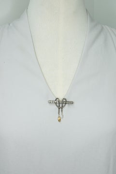 French Georgian 18K Gold & Silver-Topped Diamond Bow Brooch with Briolette Drops