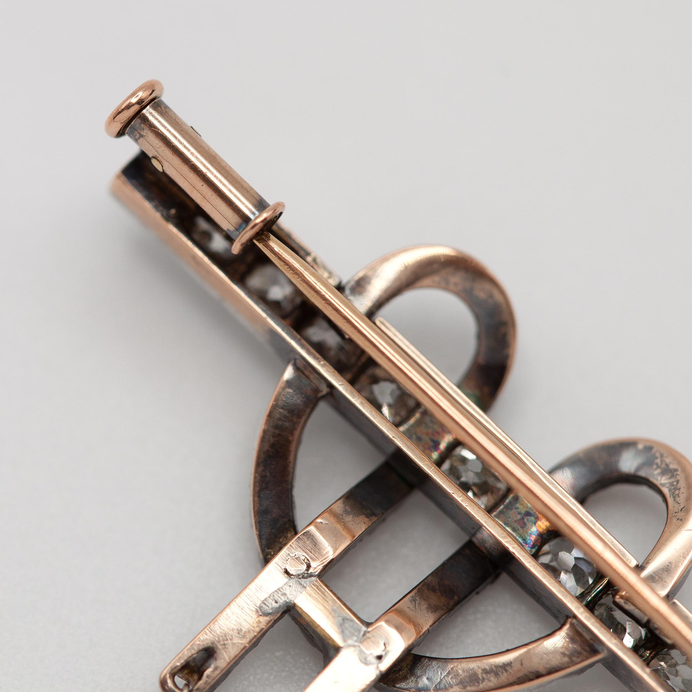 French Georgian 18K Gold & Silver-Topped Diamond Bow Brooch with Briolette Drops For Sale 1