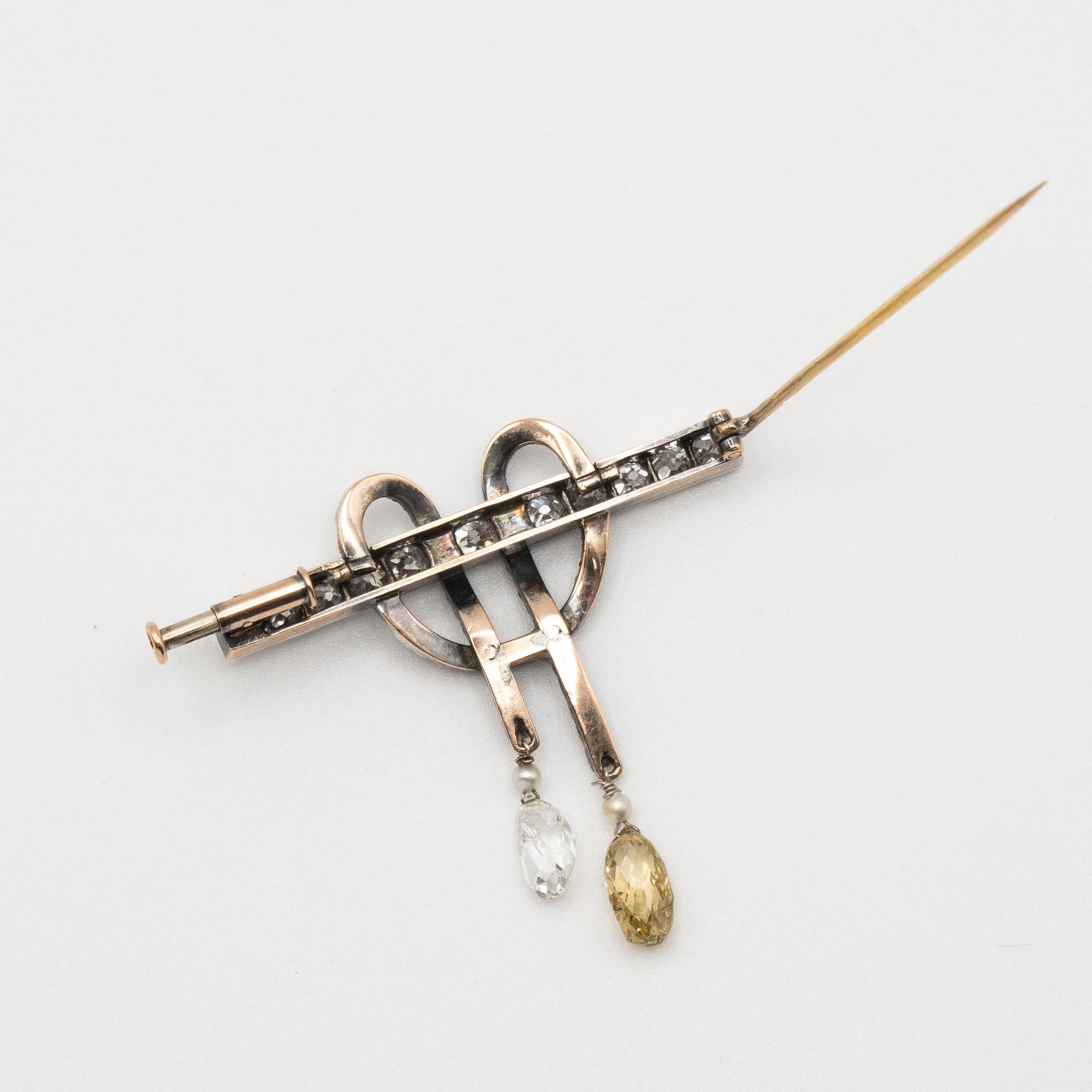 French Georgian 18K Gold & Silver-Topped Diamond Bow Brooch with Briolette Drops For Sale 3