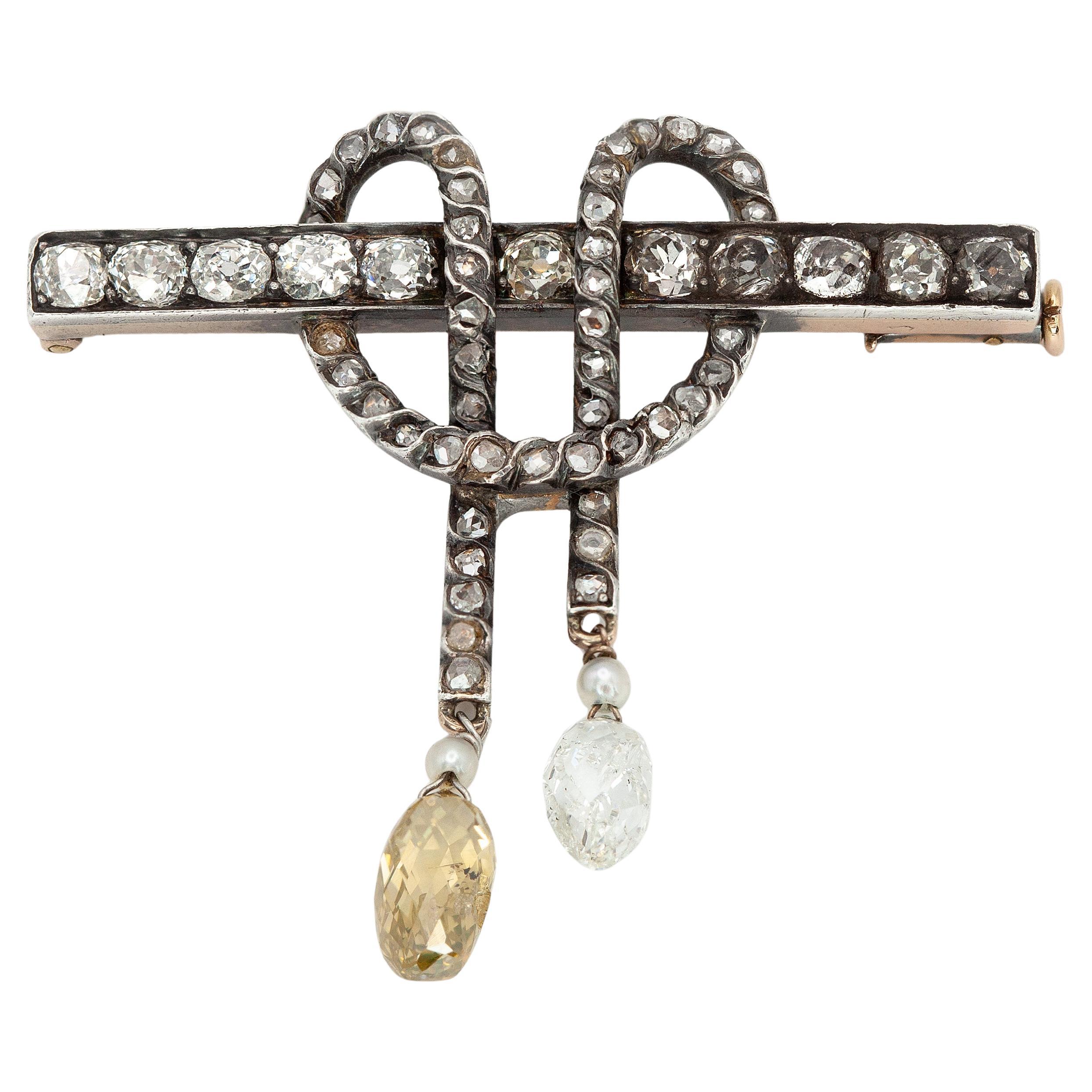 French Georgian 18K Gold
Silver-Topped Diamond Bow Brooch with Briolette Drops
