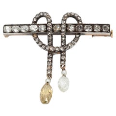 French Georgian 18K Gold 
Silver-Topped Diamond Bow Brooch with Briolette Drops