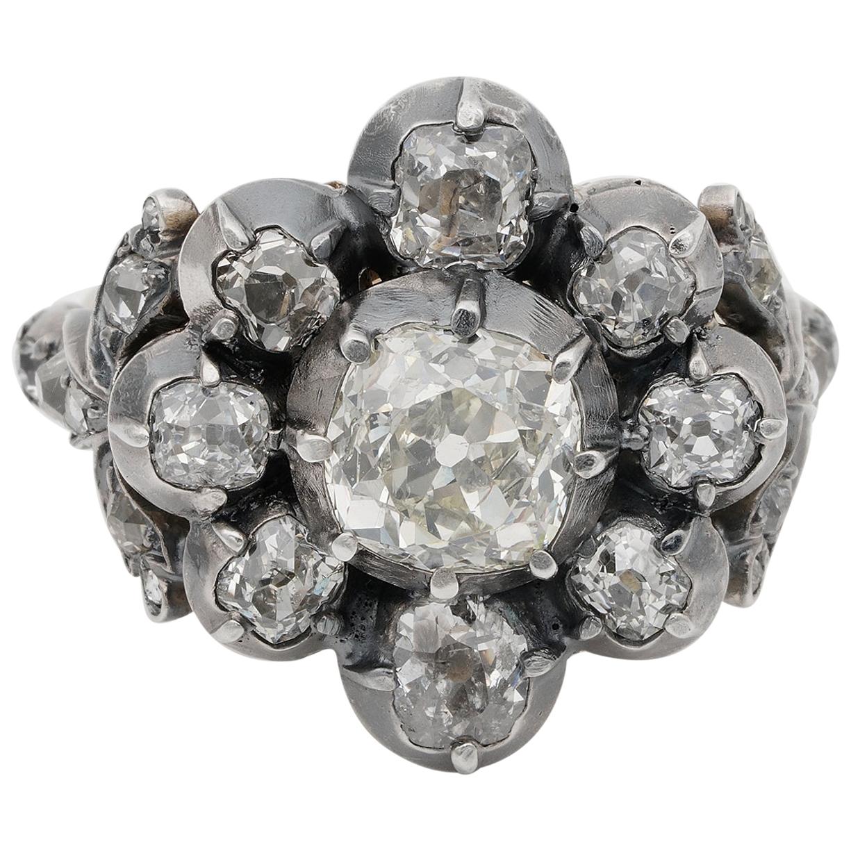 French 3.60 Carat Old Mine Diamond Important Antique Cluster Ring For Sale