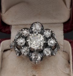 French 3.60 Carat Old Mine Diamond Important Antique Cluster Ring