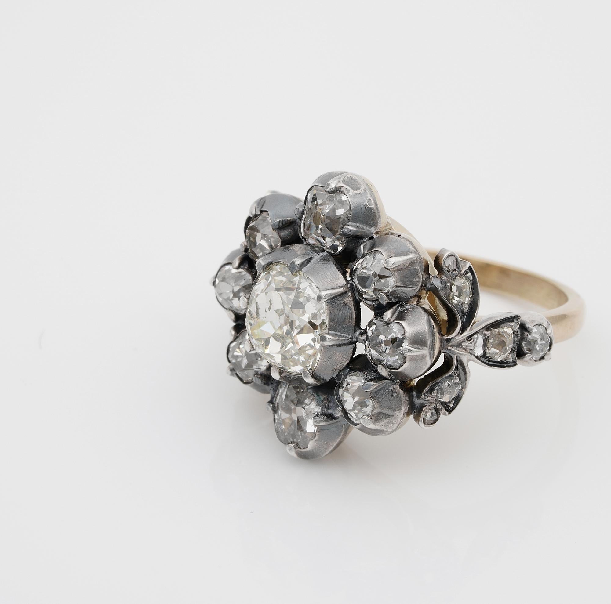 Women's French 3.60 Carat Old Mine Diamond Important Antique Cluster Ring For Sale