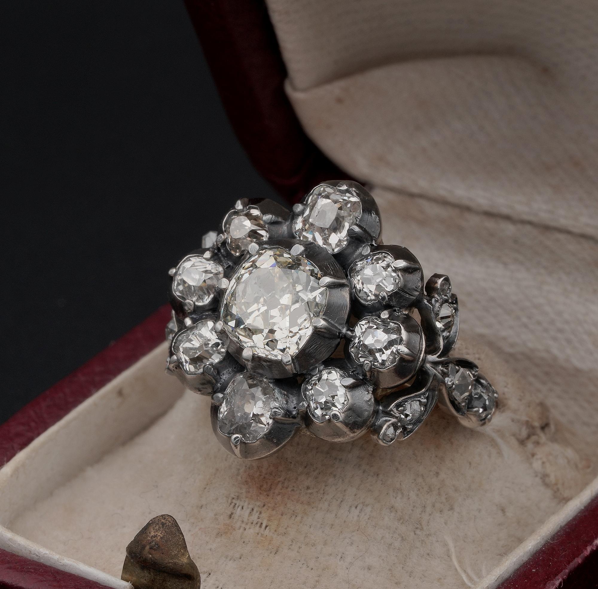 French 3.60 Carat Old Mine Diamond Important Antique Cluster Ring For Sale 1