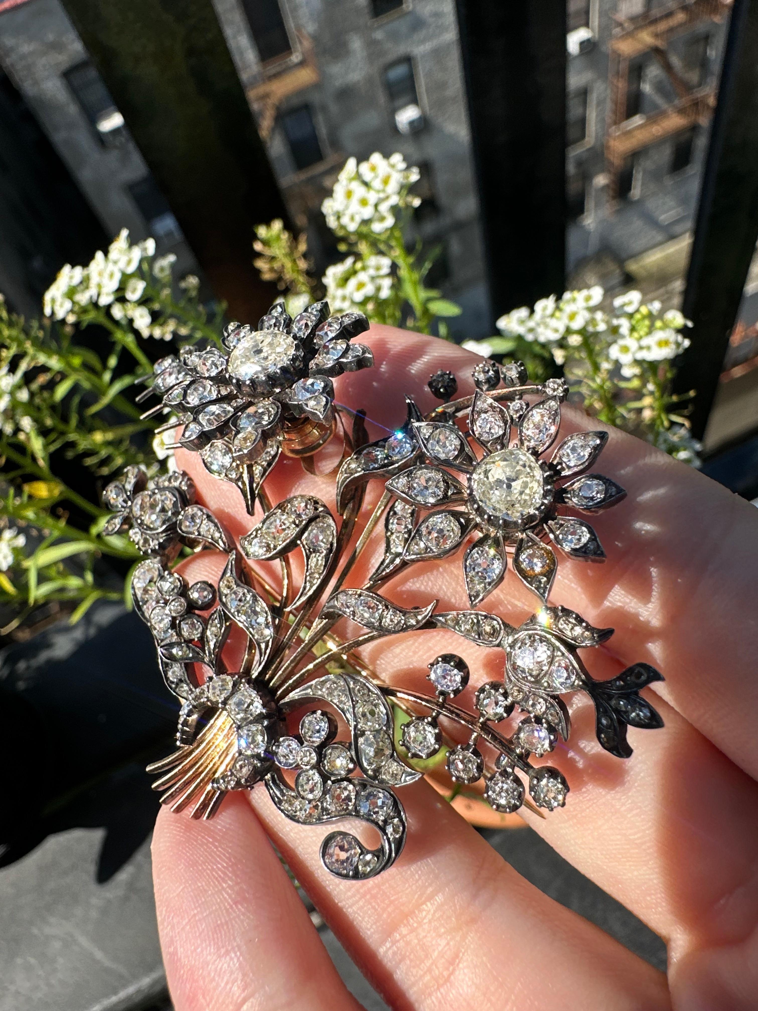 French Georgian Gold and Silver Rose Cut Diamond Flower Brooch For Sale 6