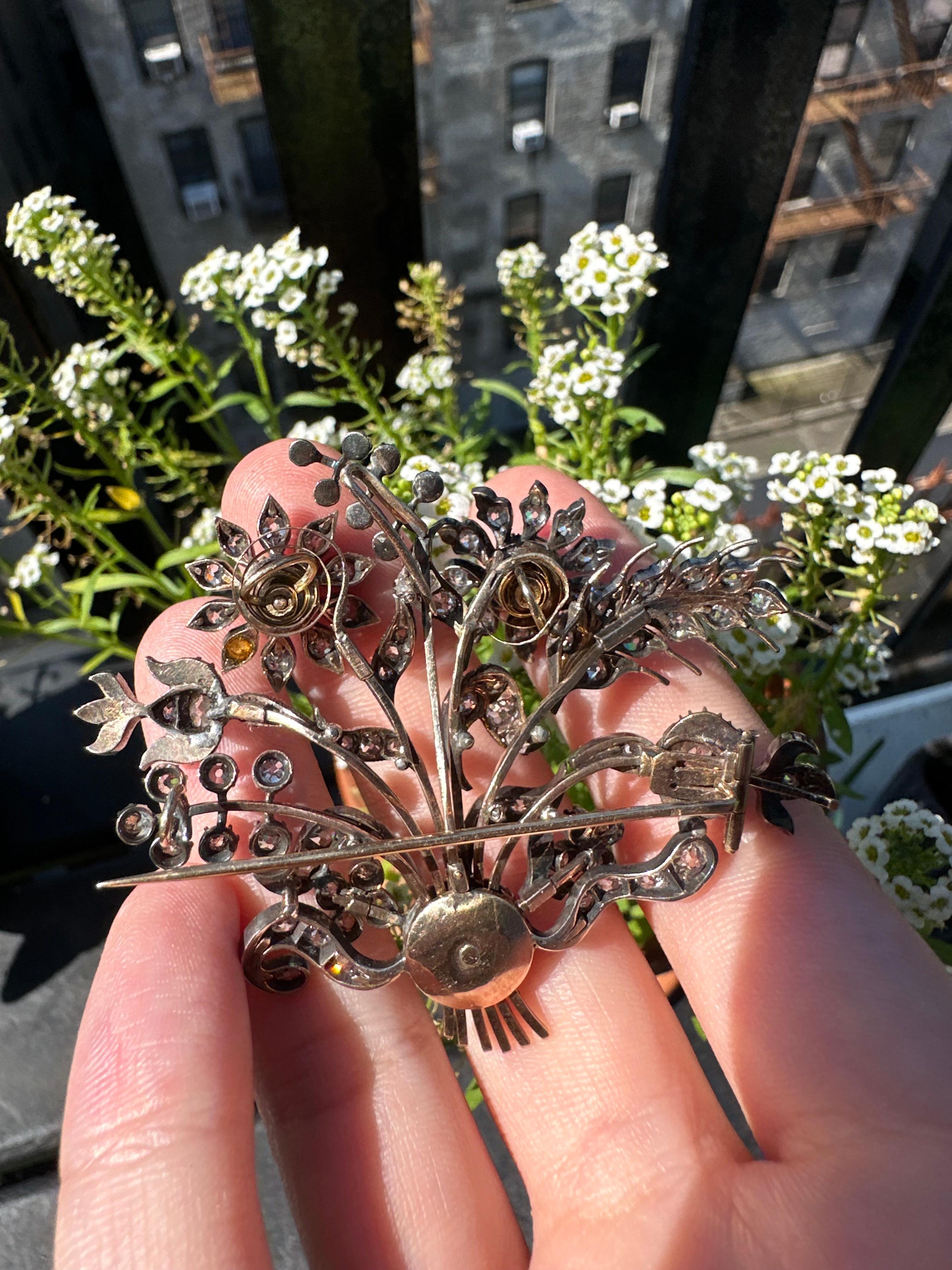 French Georgian Gold and Silver Rose Cut Diamond Flower Brooch For Sale 7