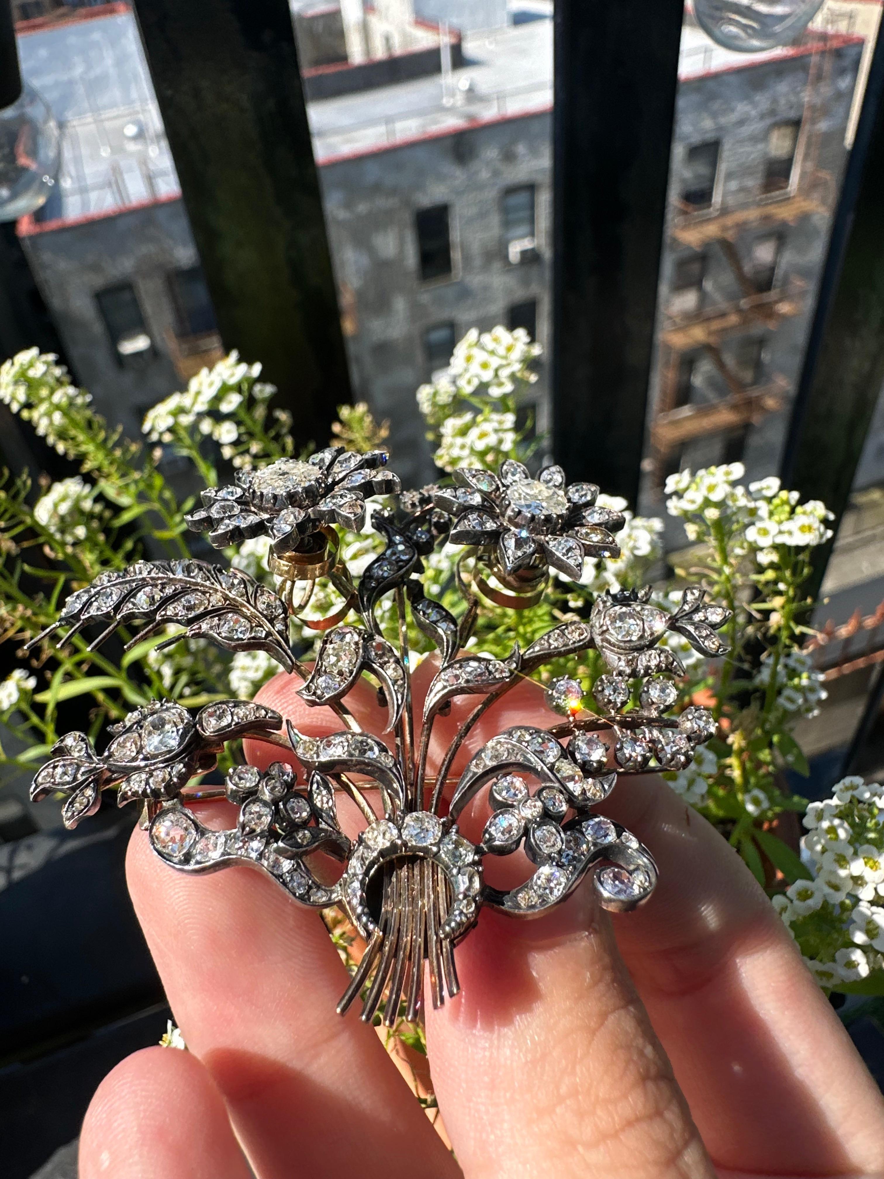 French Georgian Gold and Silver Rose Cut Diamond Flower Brooch For Sale 8