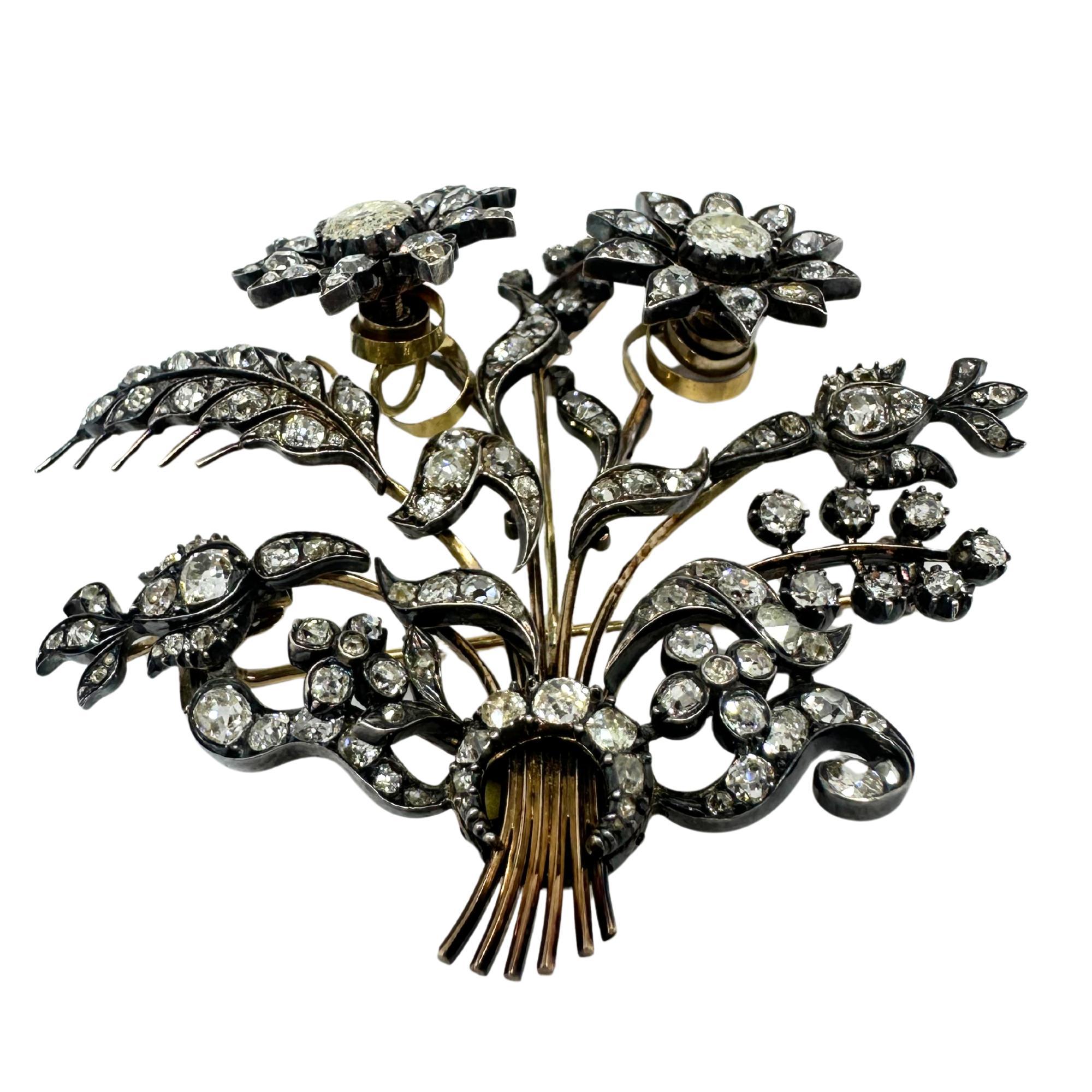French Georgian Gold and Silver Rose Cut Diamond Flower Brooch For Sale 3
