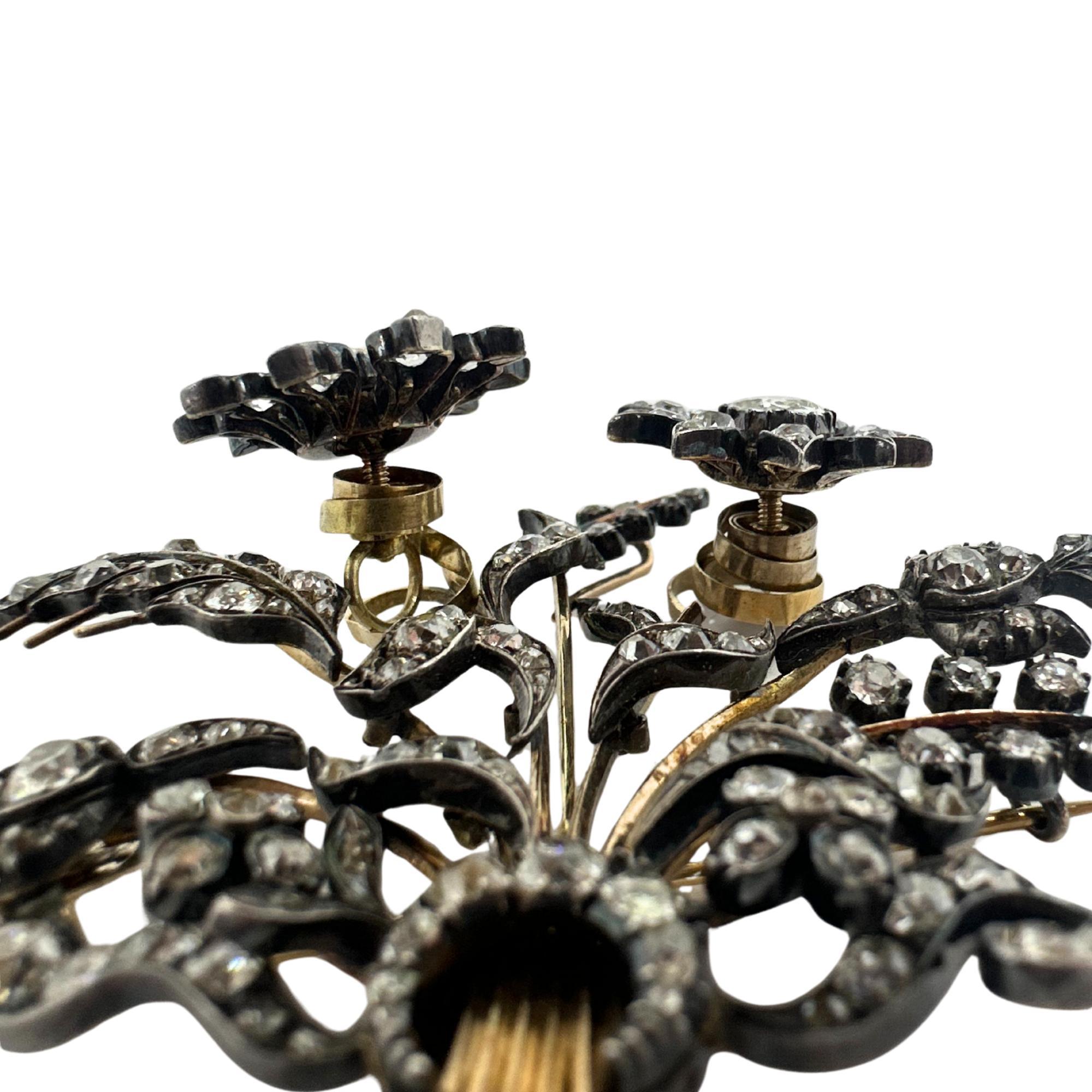 French Georgian Gold and Silver Rose Cut Diamond Flower Brooch For Sale 4