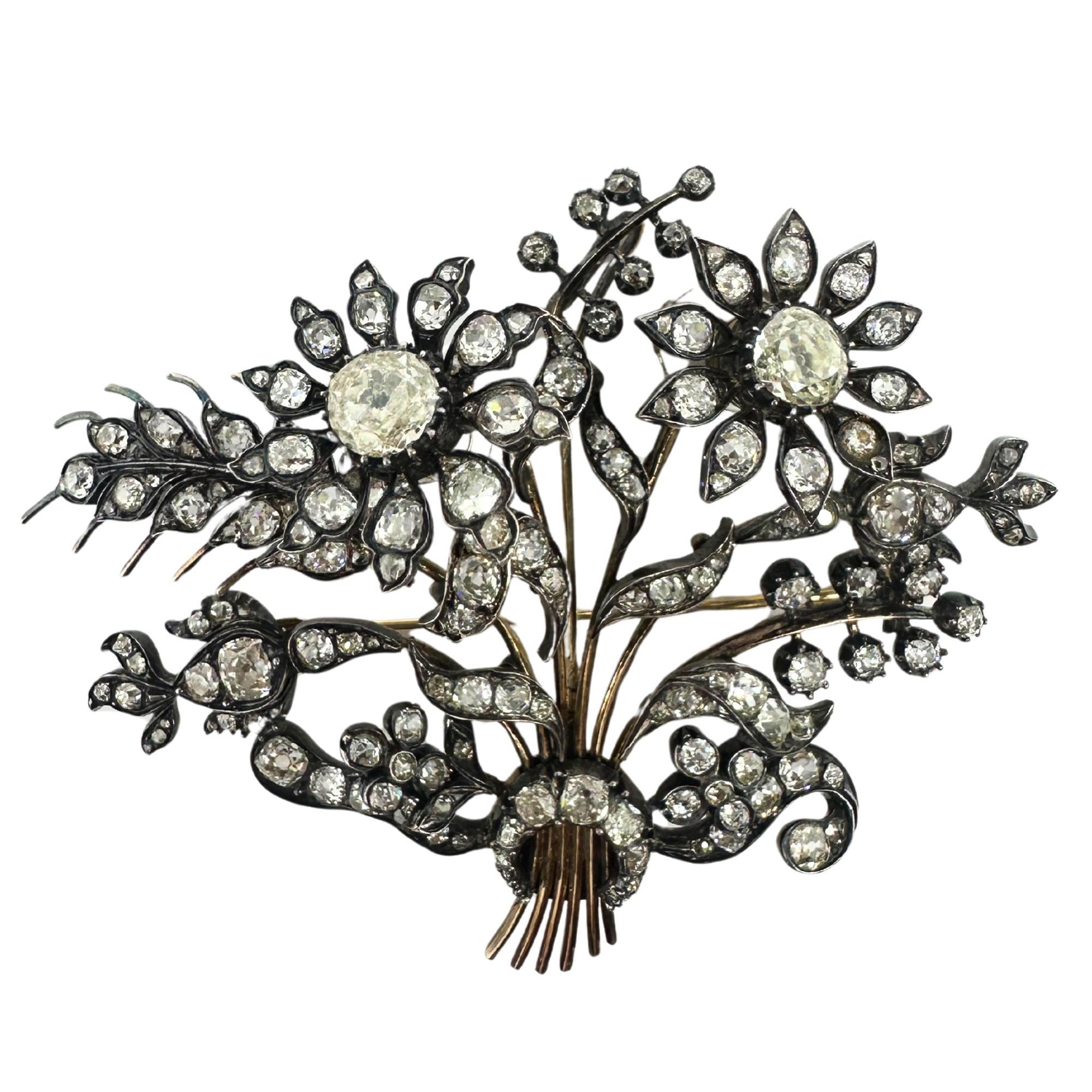 French Georgian Gold and Silver Rose Cut Diamond Flower Brooch