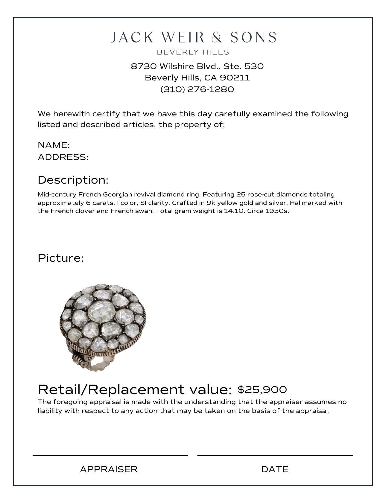 Women's or Men's French Georgian revival 6 carat rose cut diamond cocktail ring