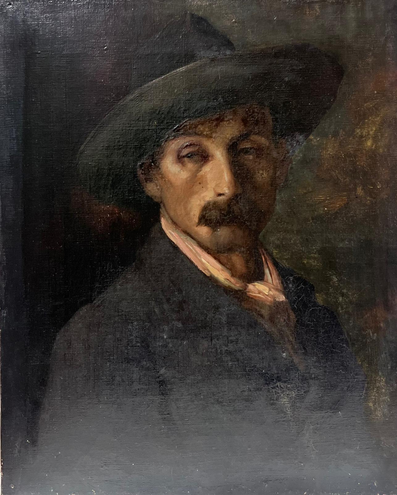 1880's German/ French Impressionist Oil Painting Portrait of Man with Hat For Sale 1