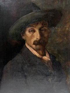 Antique 1880's German/ French Impressionist Oil Painting Portrait of Man with Hat