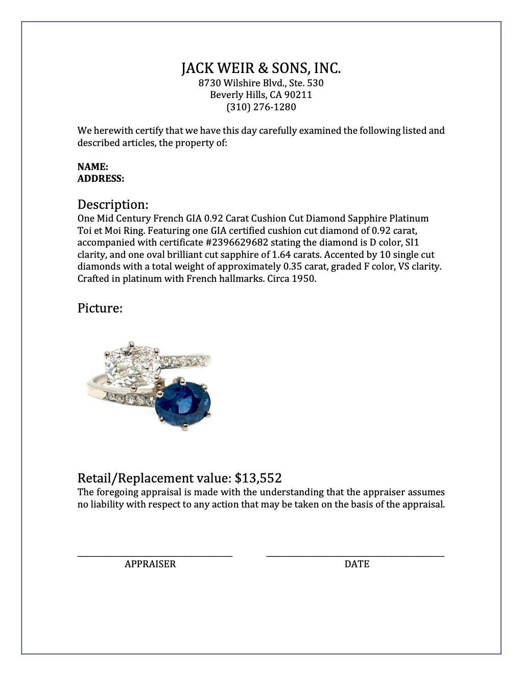 Mid Century French GIA 0.92 Carat Diamond Sapphire Platinum Toi Et Moi Ring 2