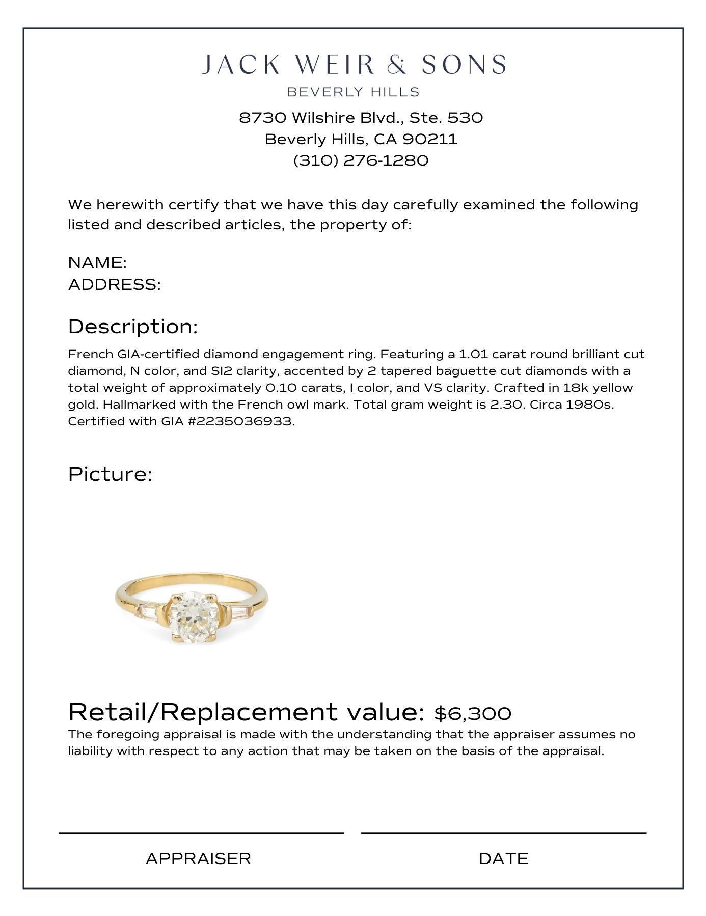 Verlobungsring aus 18 Karat Gelbgold mit GIA 1,01 rundem Diamanten im Brillantschliff im Angebot 1