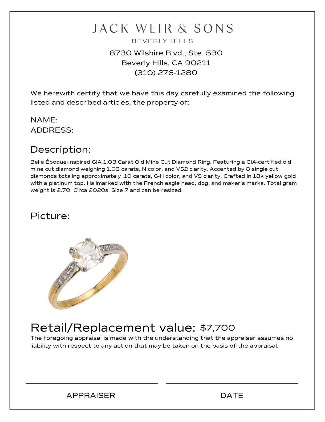 Bague de fiançailles en or jaune 18 carats GIA 1,03 carat diamant ancienne mine Excellent état - En vente à Beverly Hills, CA