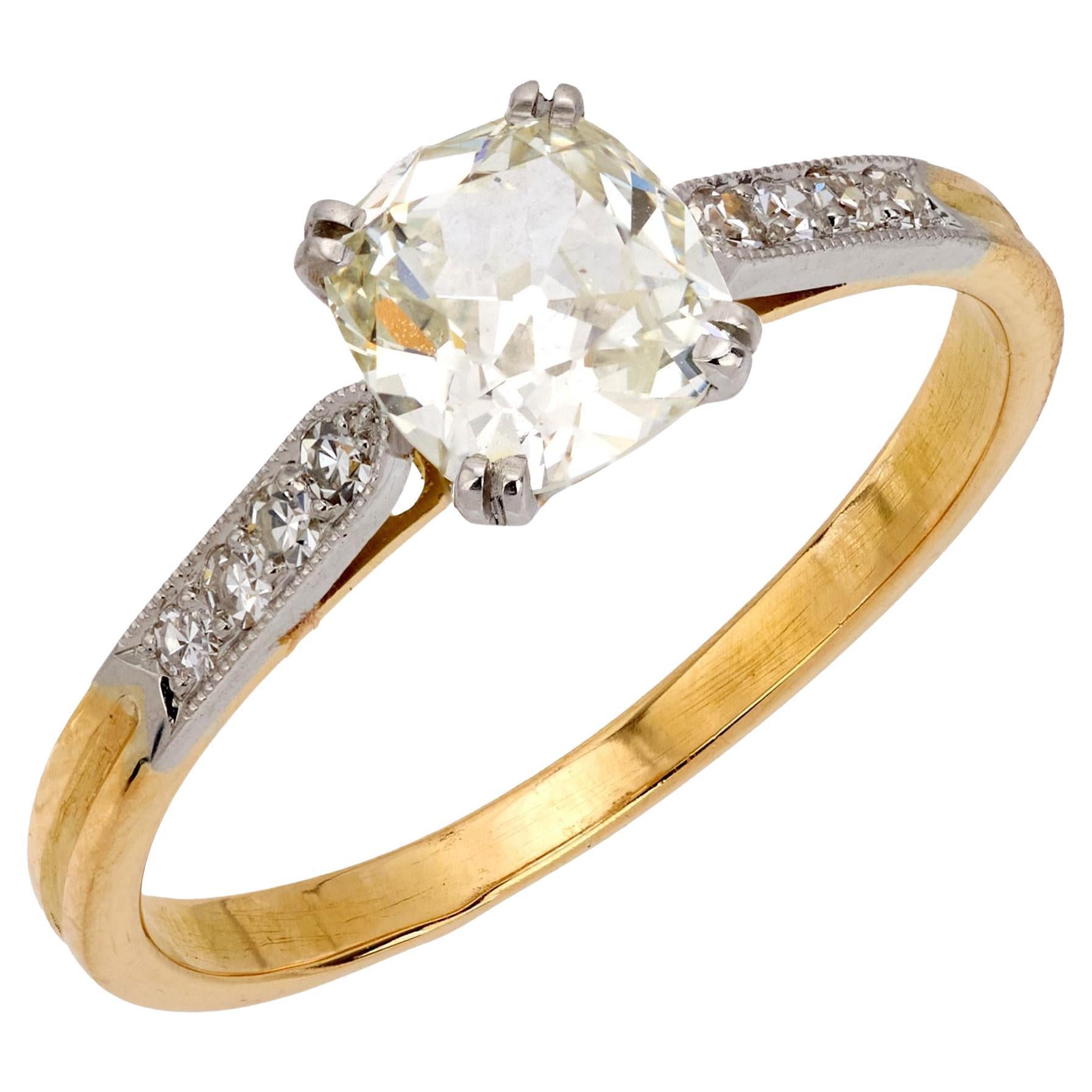 French GIA 1.03 carat old mine diamond 18k yellow gold engagement ring