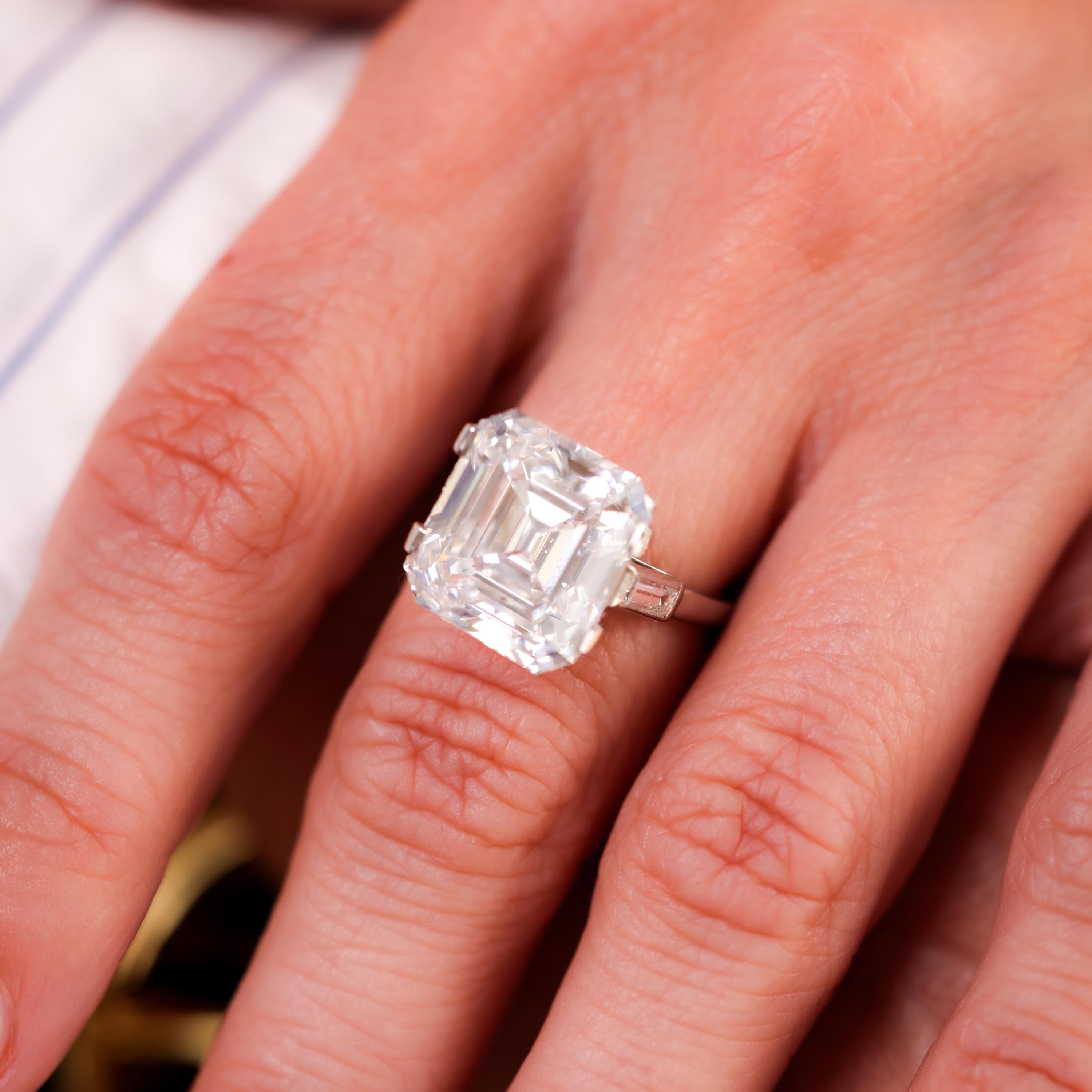 French GIA 10.7 Carat Asscher Cut Diamond Platinum Engagement Ring In Excellent Condition For Sale In Beverly Hills, CA