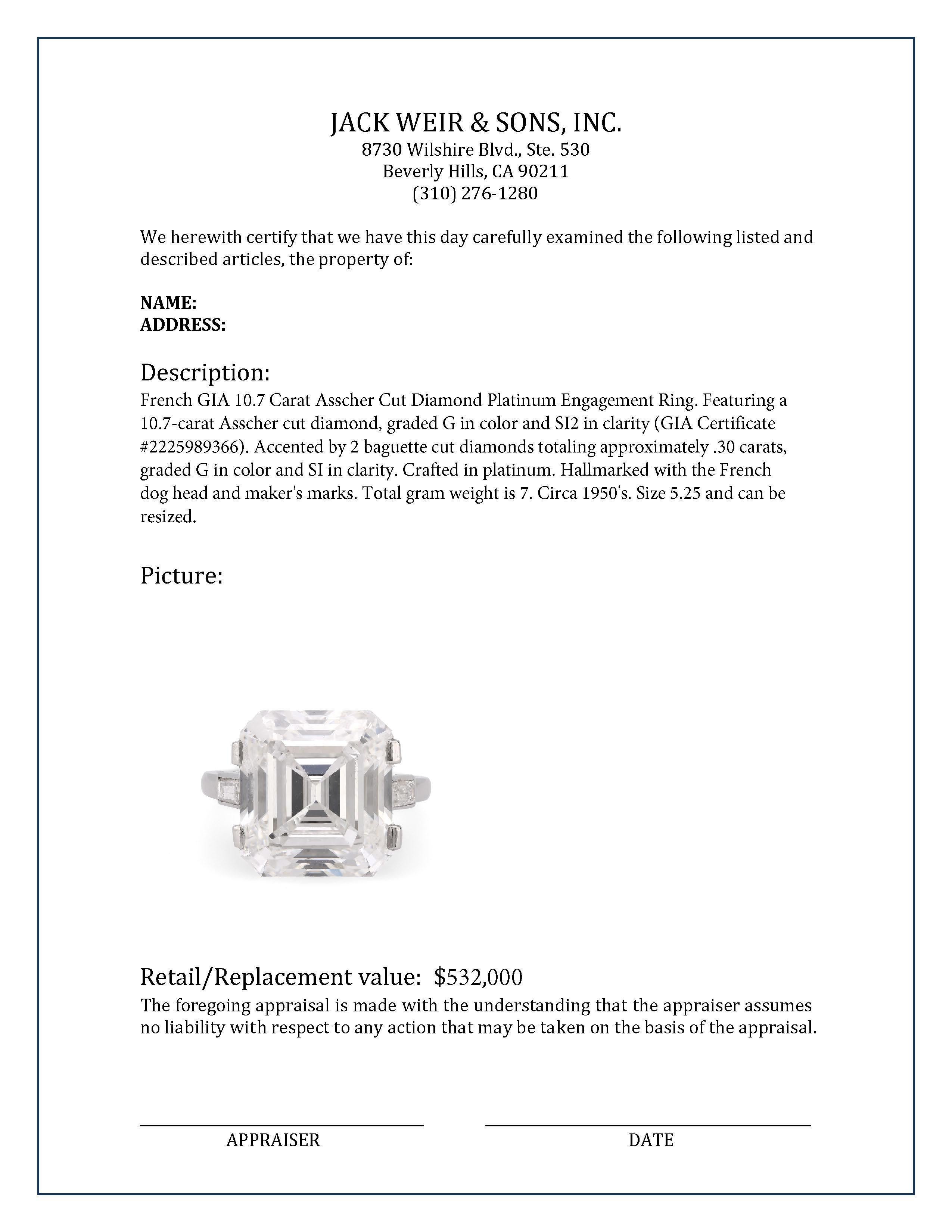 French GIA 10.7 Carat Asscher Cut Diamond Platinum Engagement Ring For Sale 1