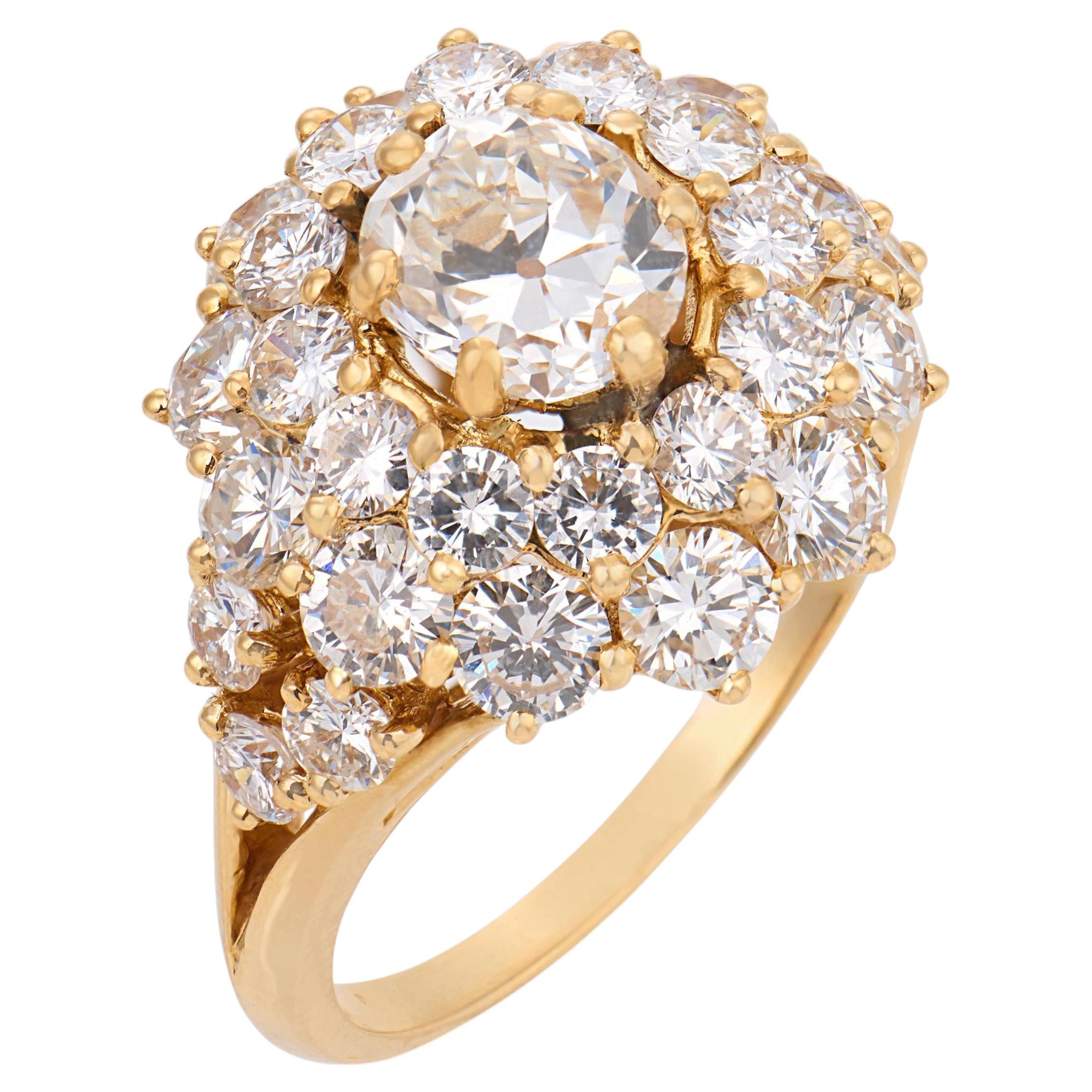 Bague à grappes en or jaune 18 carats GIA 1,10 carat de diamant taille ancienne mine