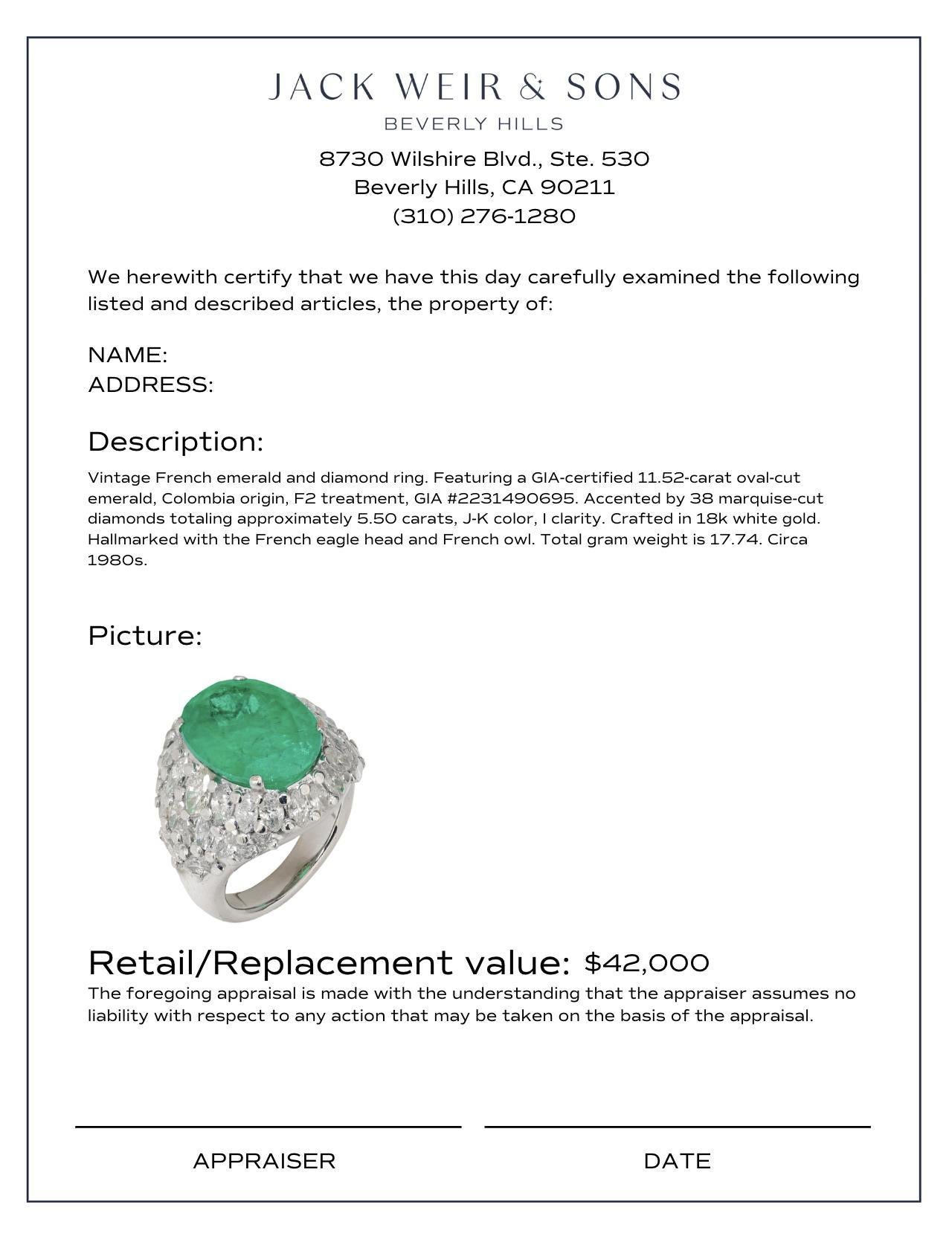 French GIA 11.52 carat Colombian emerald diamond ring 1