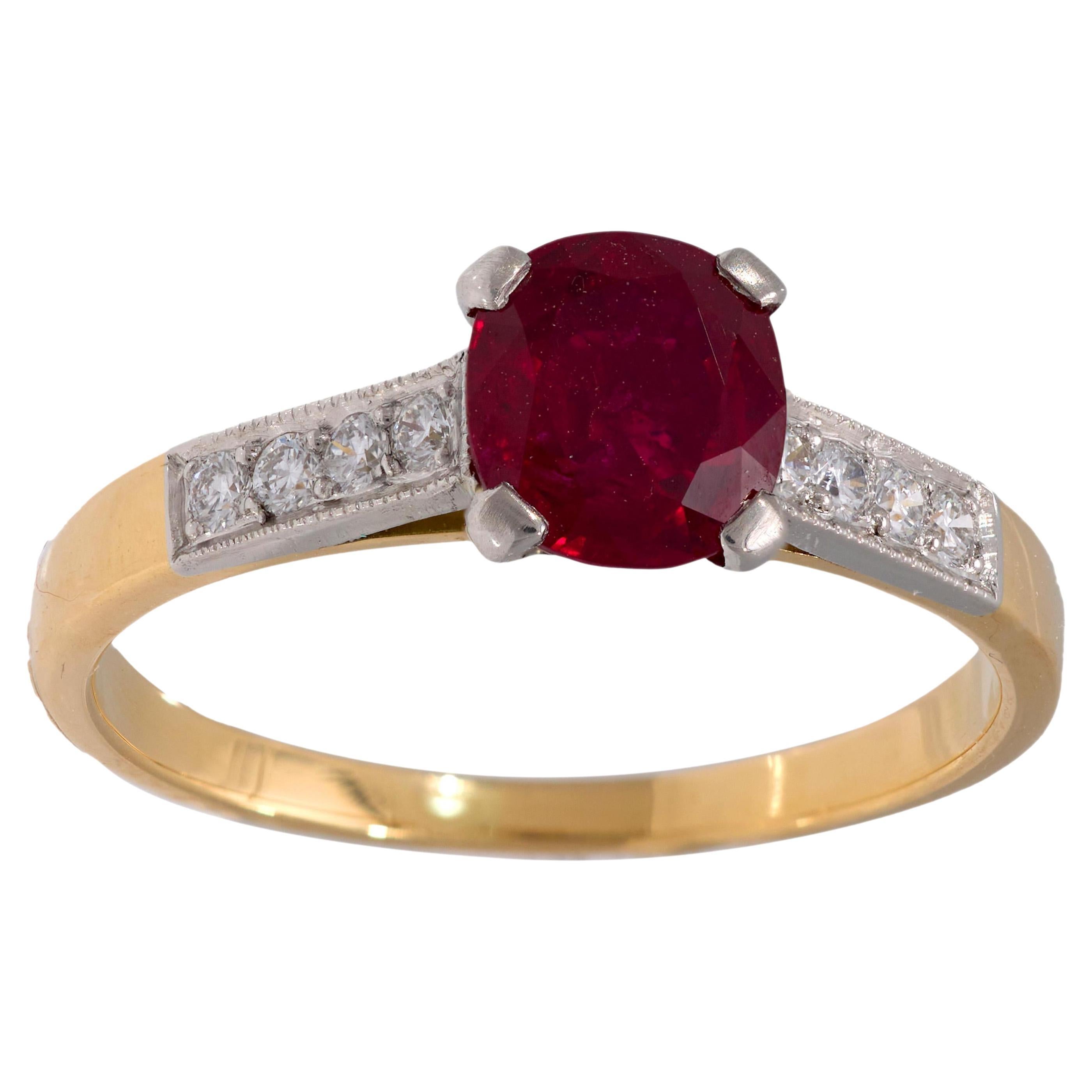 French GIA 1.18 carat no heat ruby diamond 18k yellow gold ring