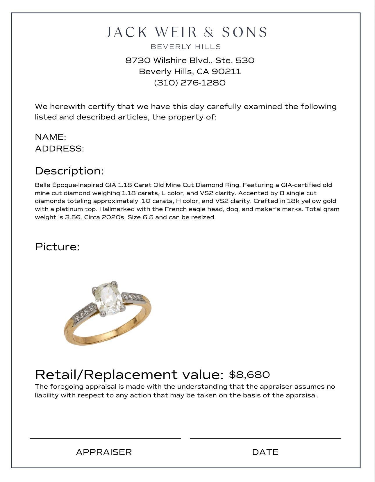 Old Mine Cut French GIA 1.18 carats old mine cut diamond 18k yellow gold engagement ring For Sale