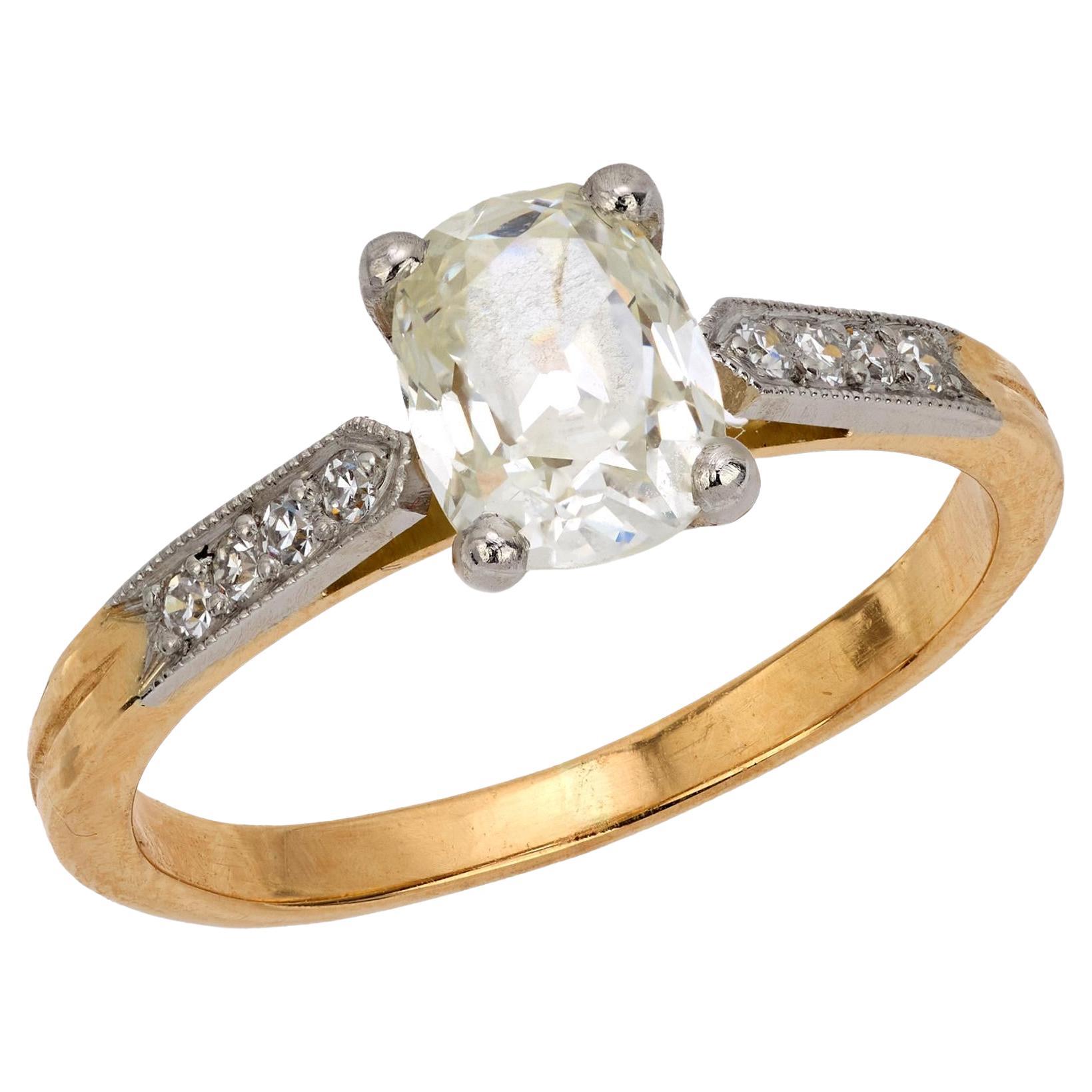 GIA francés 1,18 quilates diamante talla mina antigua Anillo de compromiso de oro amarillo de 18 quilates