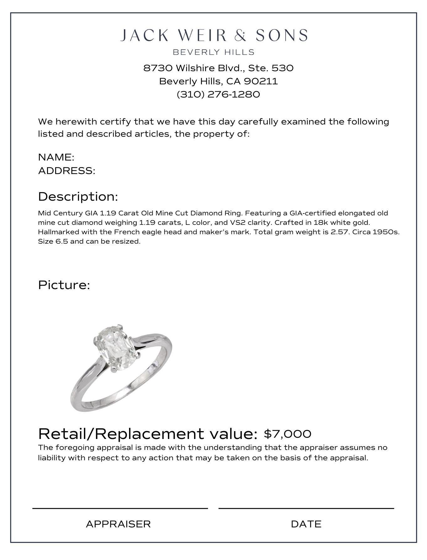 Modern French GIA 1.19 carat diamond 18k white gold solitaire engagement ring For Sale