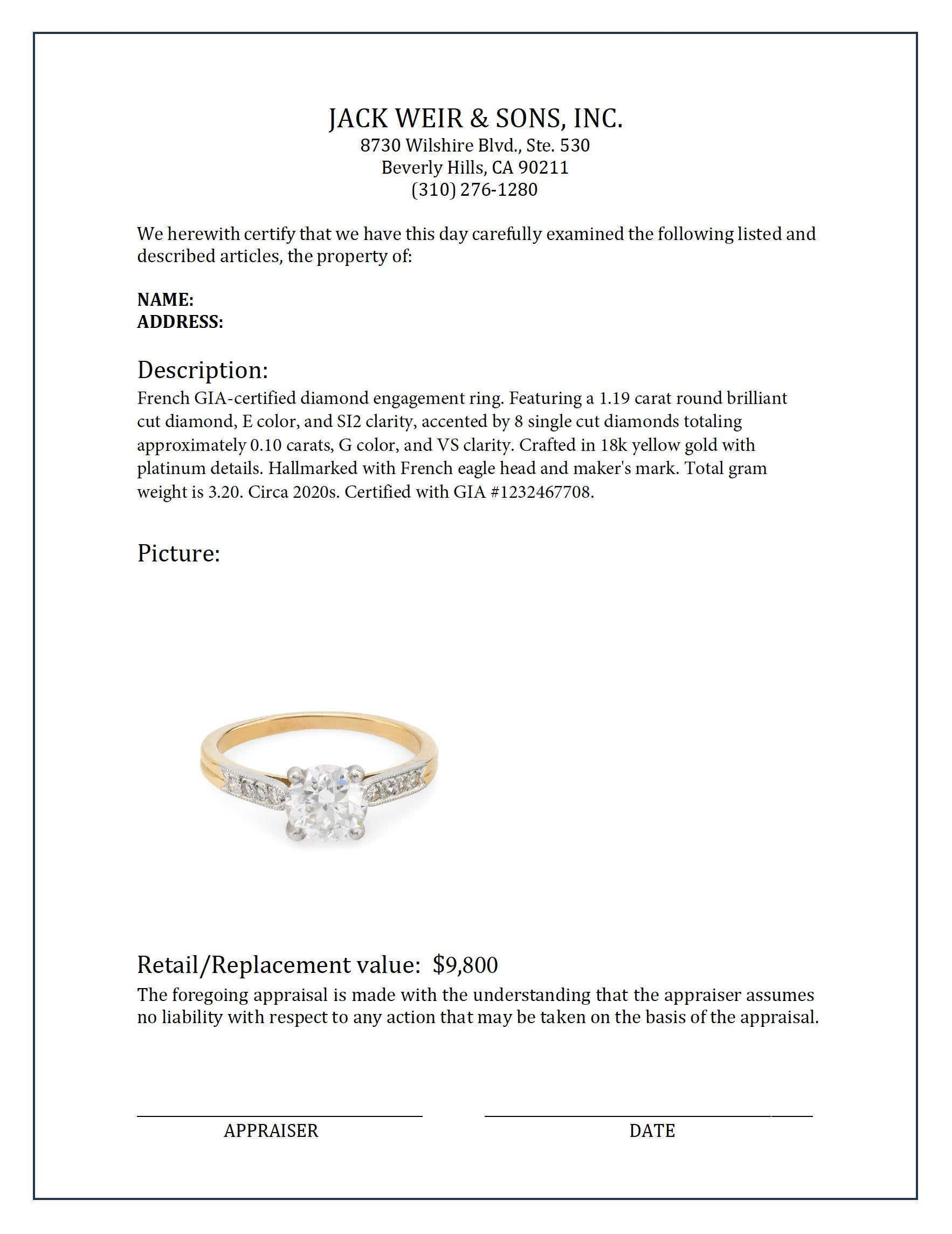 French GIA 1.19 carat round brilliant diamond 18k yellow gold engagement ring In Excellent Condition For Sale In Beverly Hills, CA