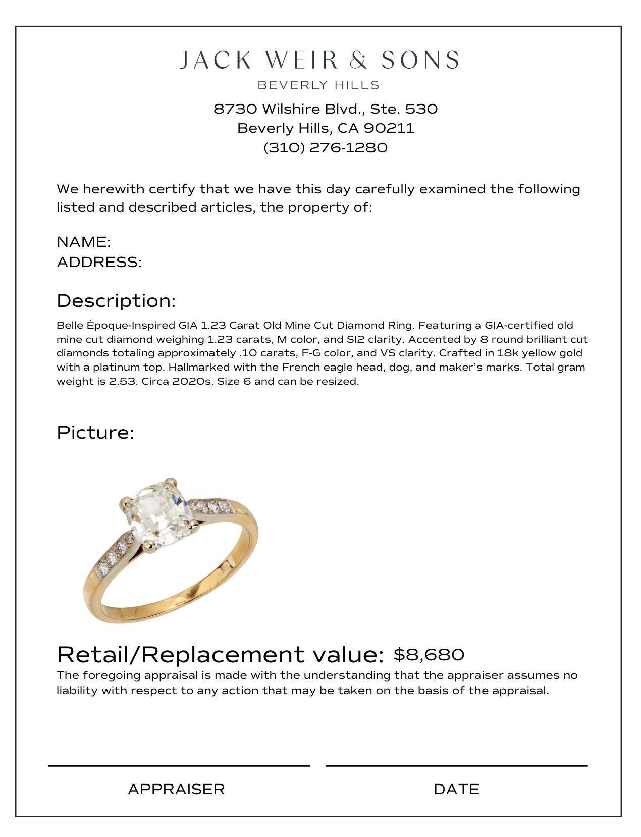 Belle Époque Bague de fiançailles française en or jaune 18 carats avec diamant taille ancienne de 1,23 carat, certifié GIA en vente
