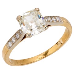 Anillo de compromiso GIA francés de oro amarillo de 18 quilates con diamante talla mina antigua de 1,23 quilates