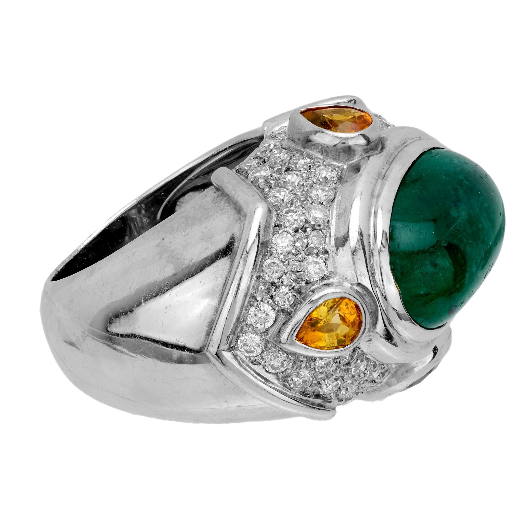 Taille cabochon Bague de cocktail en or blanc 18 carats avec émeraude, saphir jaune et diamant de 13 carats, certifiée GIA en vente