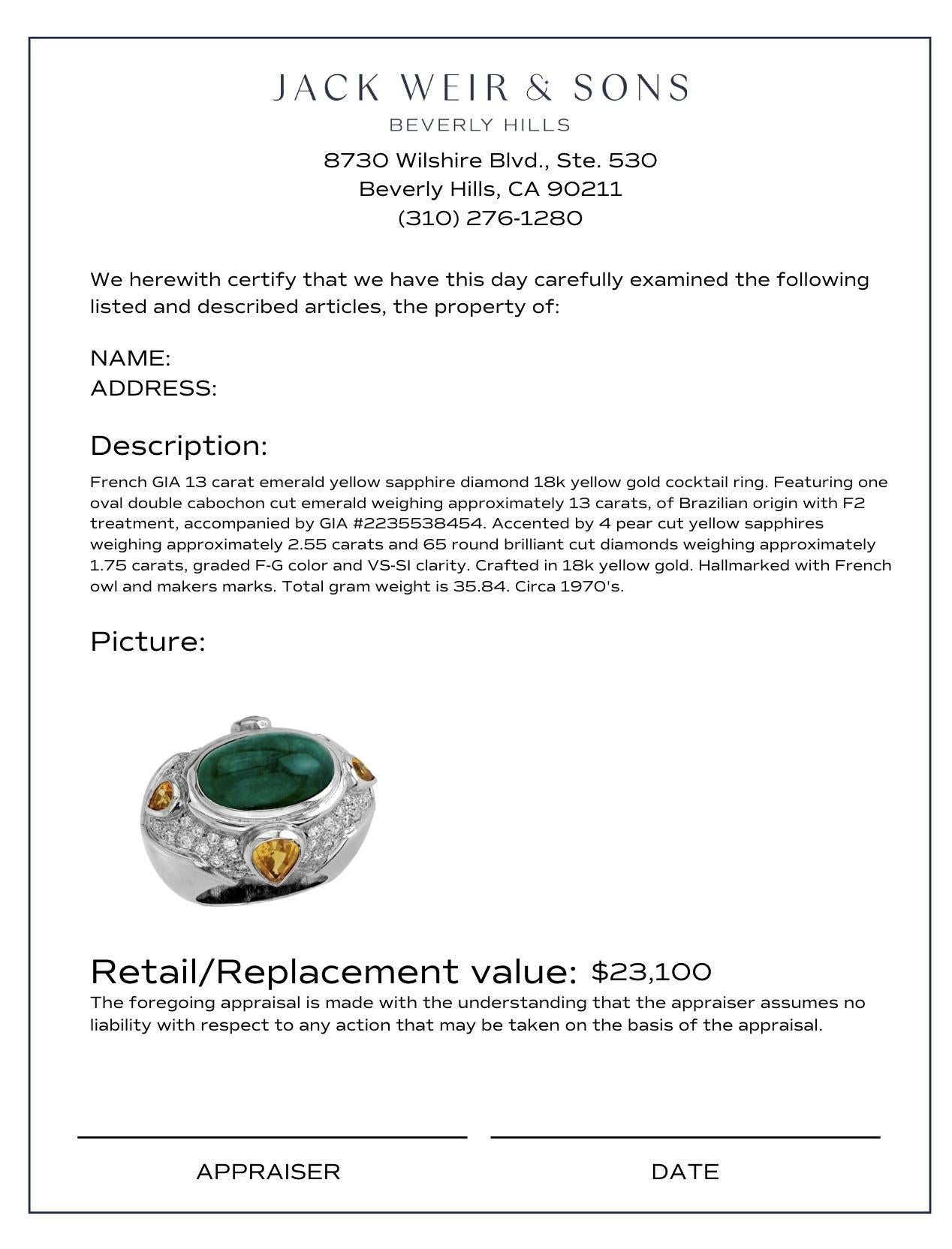 Bague de cocktail en or blanc 18 carats avec émeraude, saphir jaune et diamant de 13 carats, certifiée GIA Pour femmes en vente