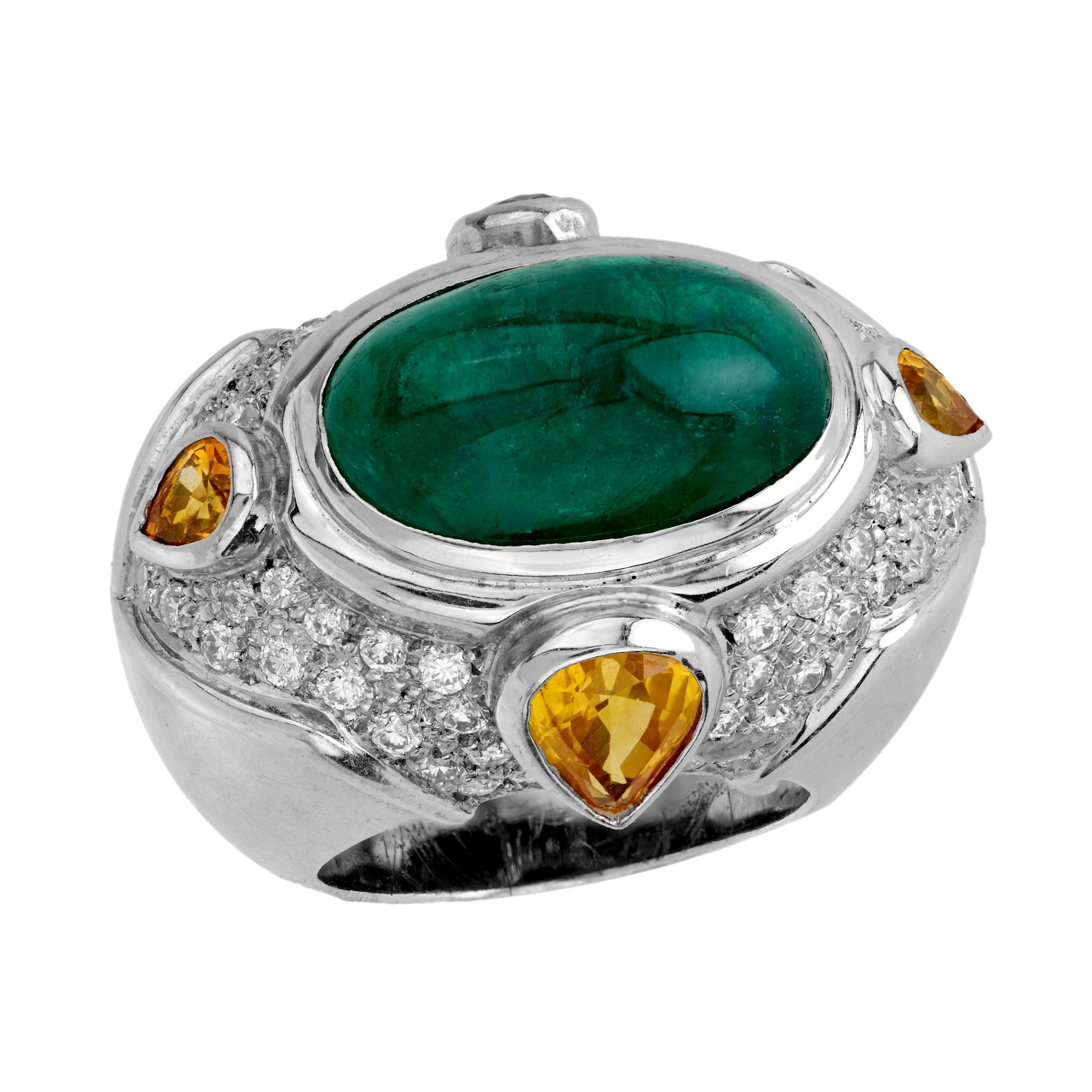 GIA francés 13 quilates esmeralda amarillo zafiro diamante 18k oro blanco anillo de cóctel