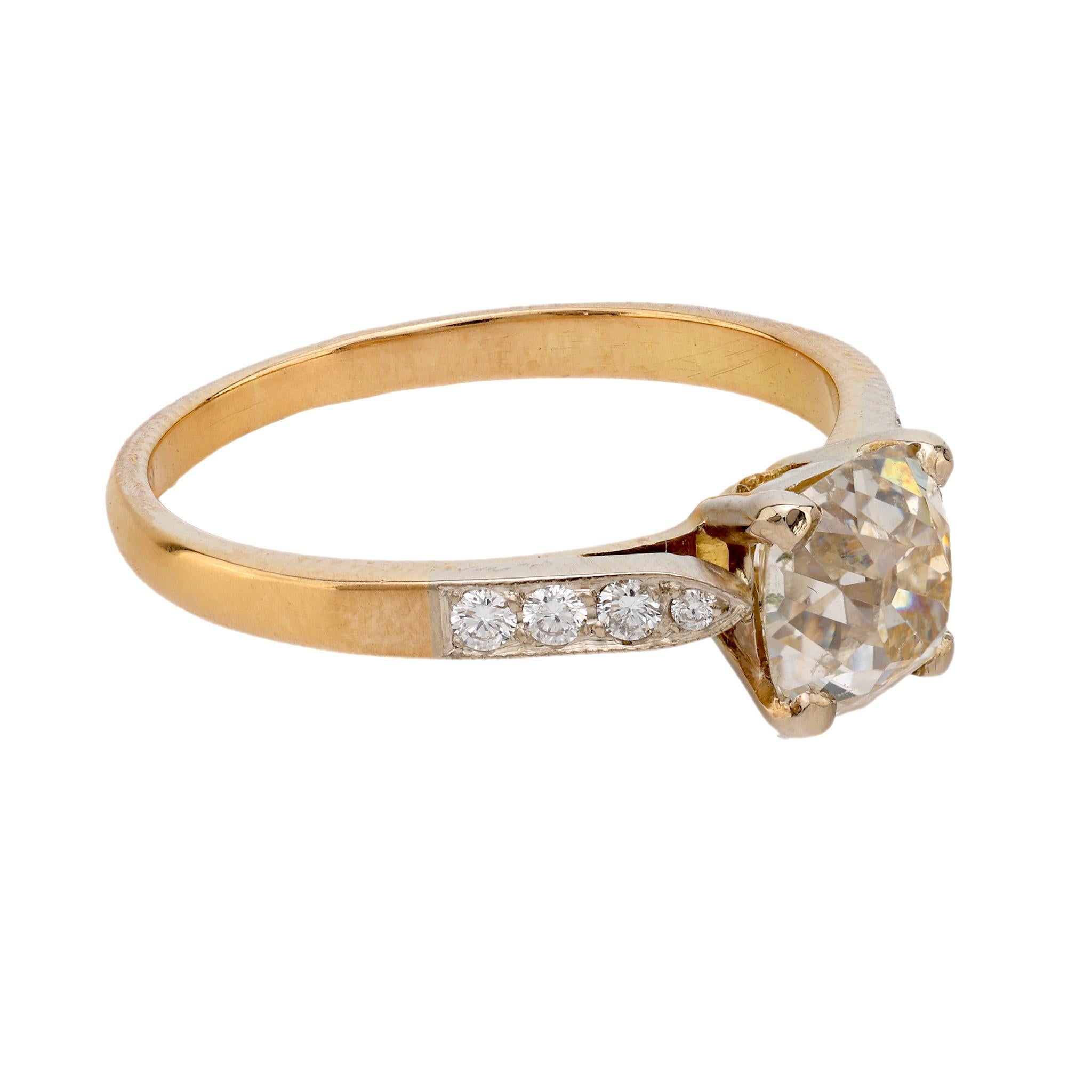 Modern French GIA 1.38 carat old mine cut diamond 18k yellow gold engagement ring