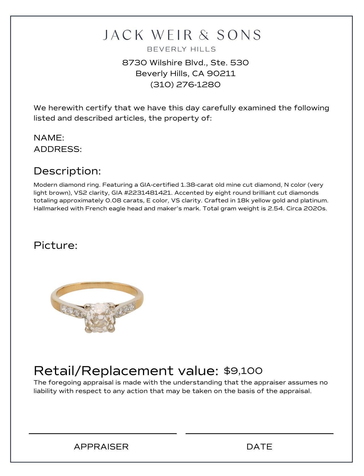 French GIA 1.38 carat old mine cut diamond 18k yellow gold engagement ring In Excellent Condition In Beverly Hills, CA