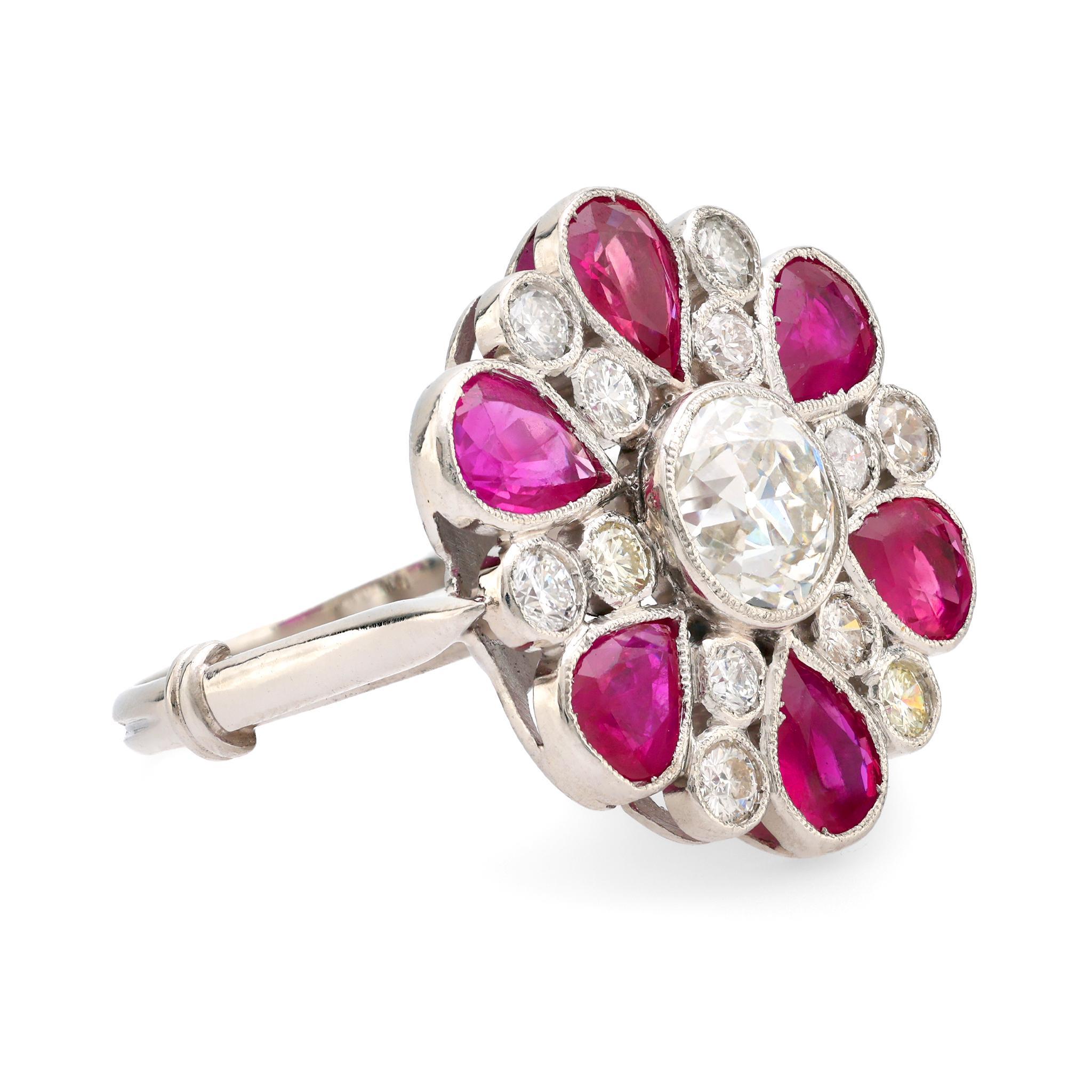 Old European Cut French GIA 1.47 carat diamond ruby platinum cocktail ring For Sale