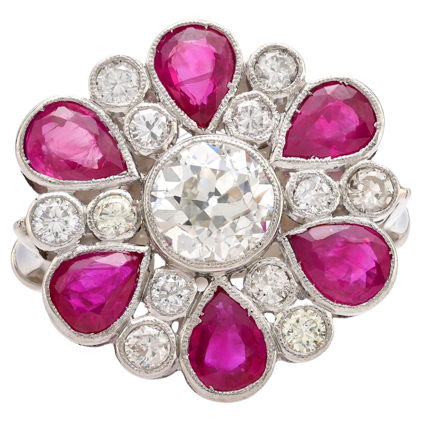 French GIA 1.47 carat diamond ruby platinum cocktail ring For Sale