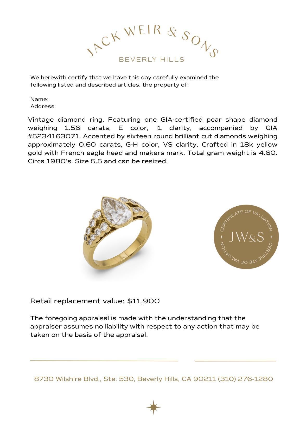 Bague de fiançailles en or jaune 18k GIA 1,56 carat diamant poire français en vente 3