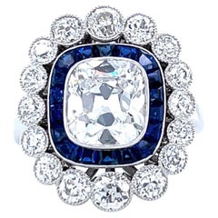 French GIA 1.79 Carat Old Mine Cut Diamond Sapphire Cluster Ring