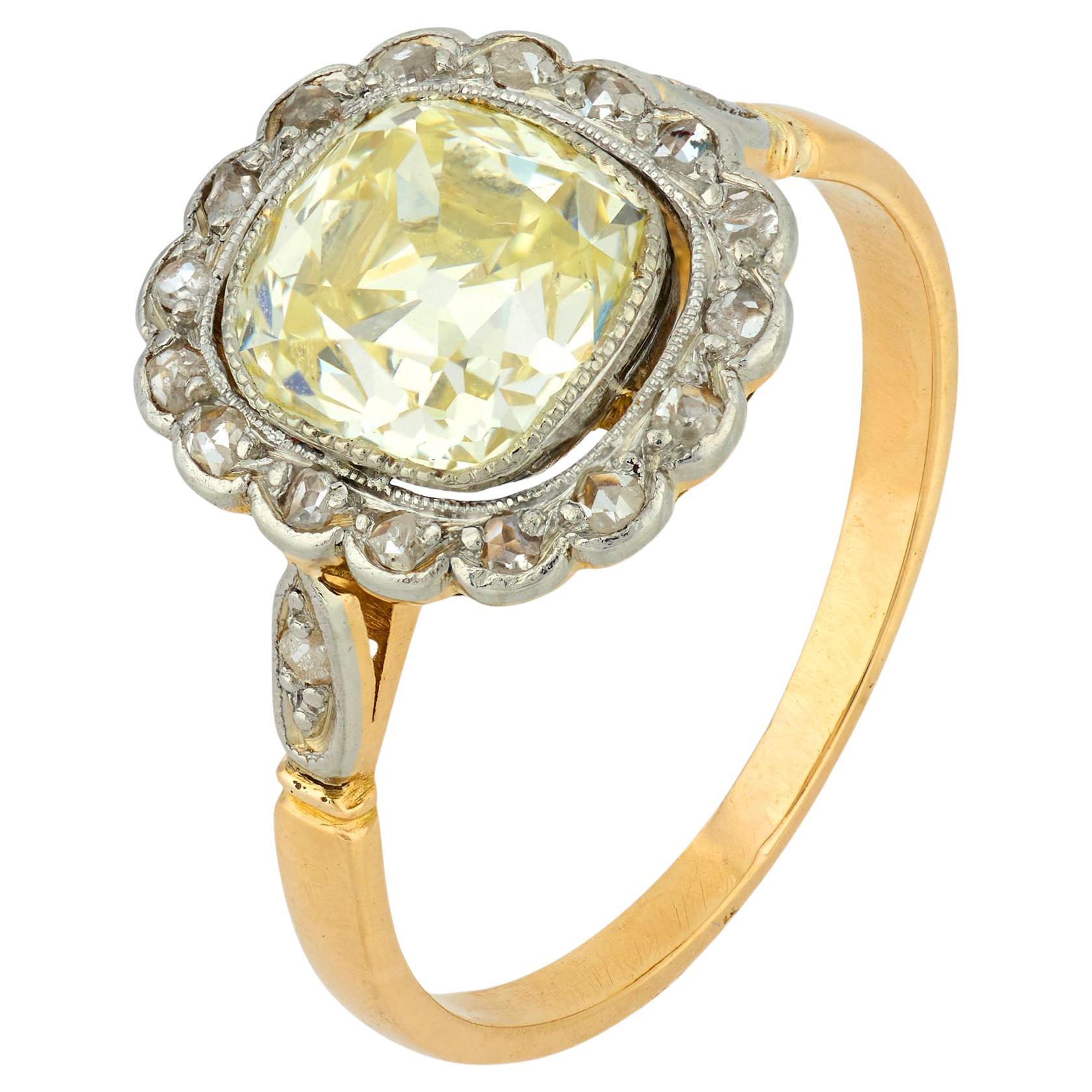 French GIA 2.00 carat old mine cut diamond 18k yellow gold engagement ring
