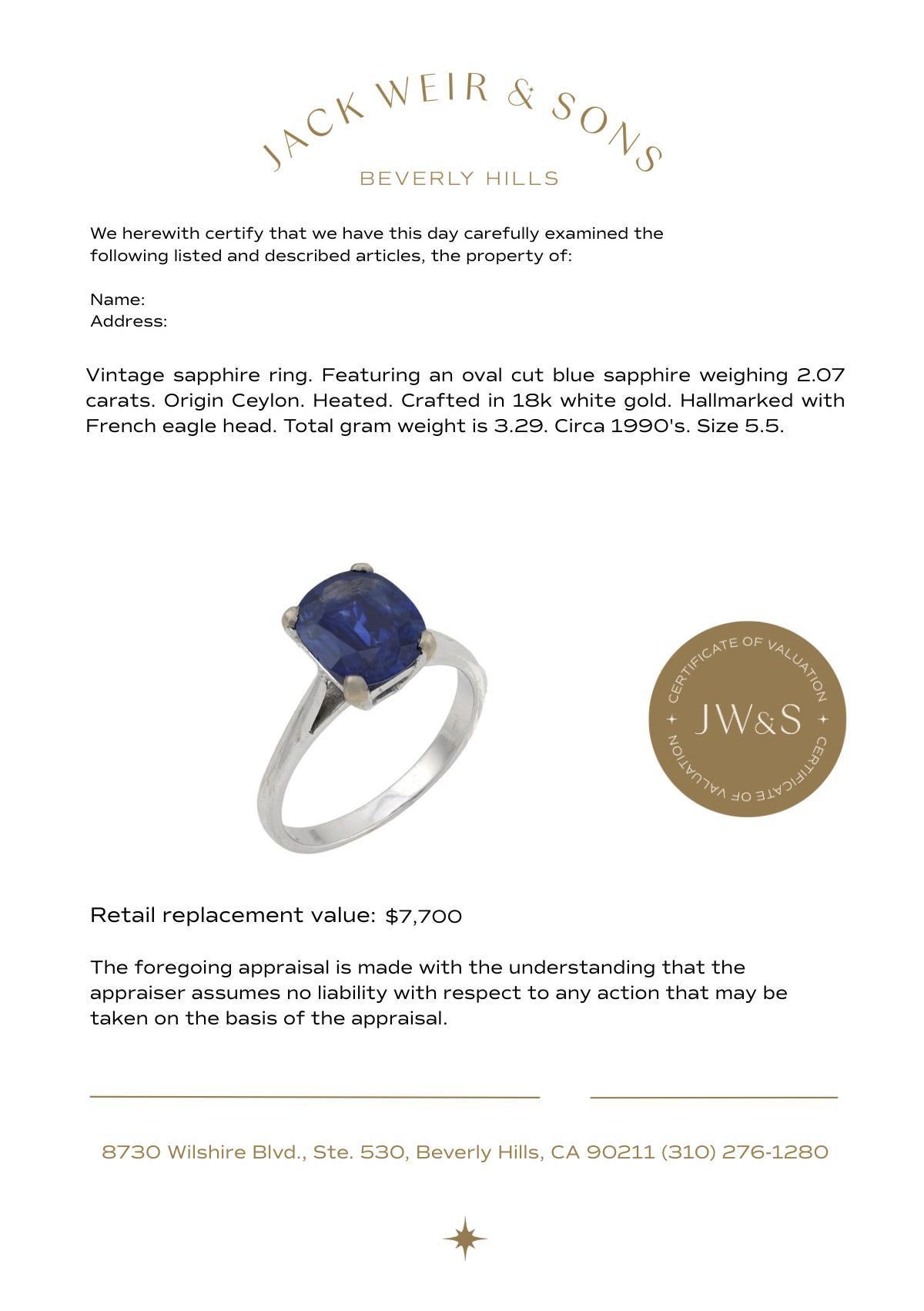 De las mujeres GIA francés Anillo solitario de oro blanco de 18 quilates con zafiro talla oval de 2,07 quilates en venta