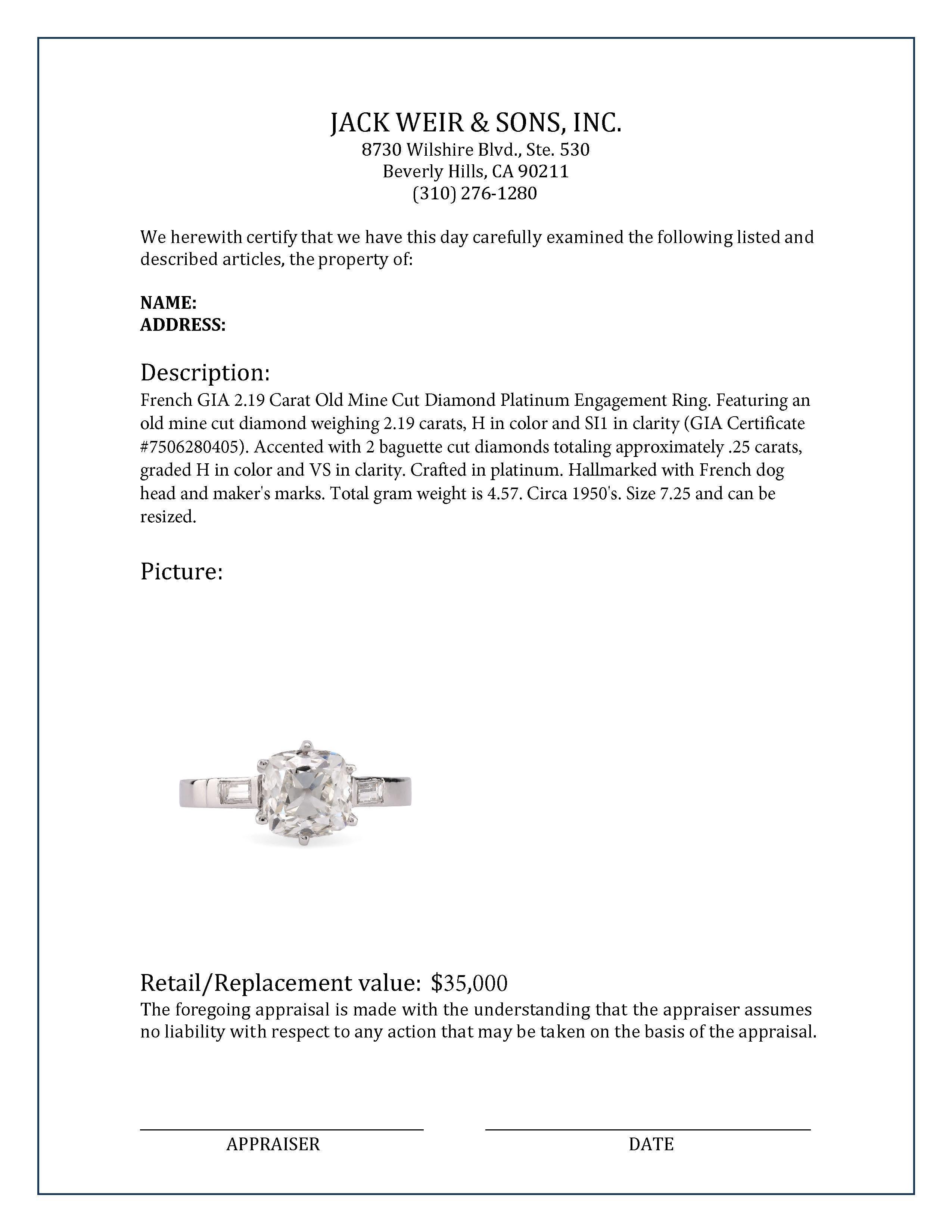 da uomo o donna Anello di fidanzamento in platino con diamante Old Mine Cut da 2,19 carati GIA francese in vendita