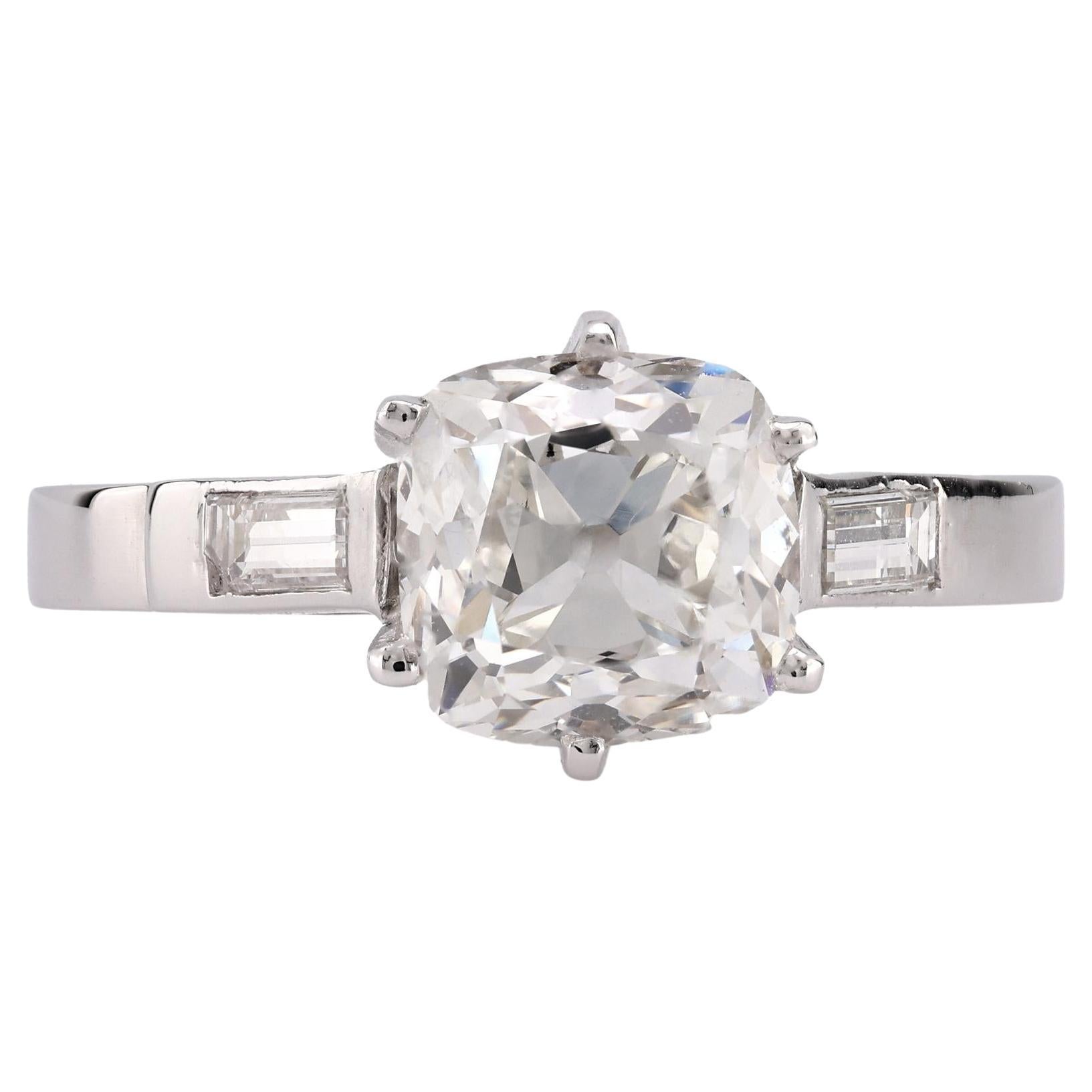 French GIA 2.19 Carat Old Mine Cut Diamond Platinum Engagement Ring