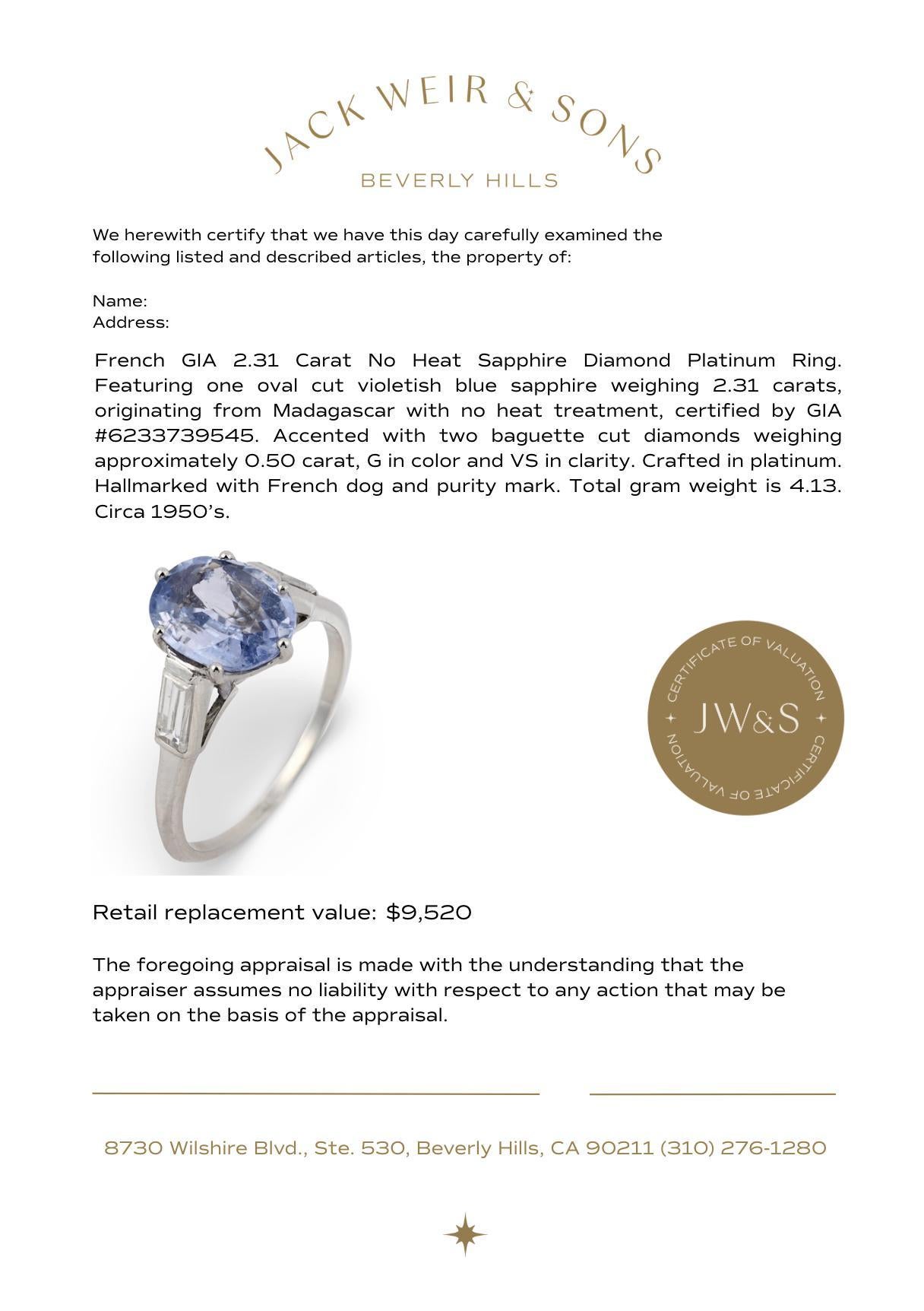 Bague française GIA 2,31 carats saphir diamant platine sans chaleur en vente 2