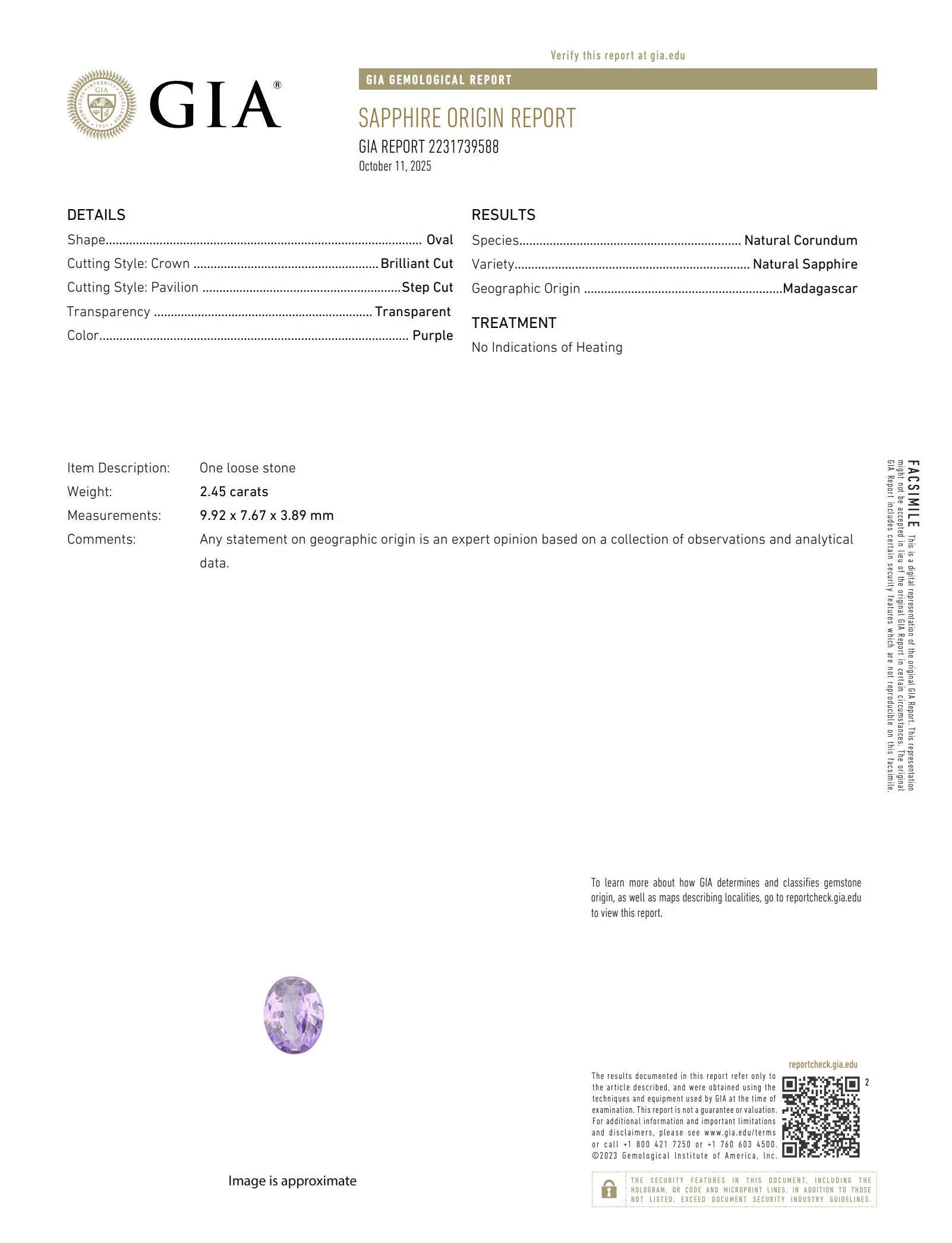 Bague en platine GIA 2.45 carats saphir violet diamant sans chaleur Pour femmes en vente